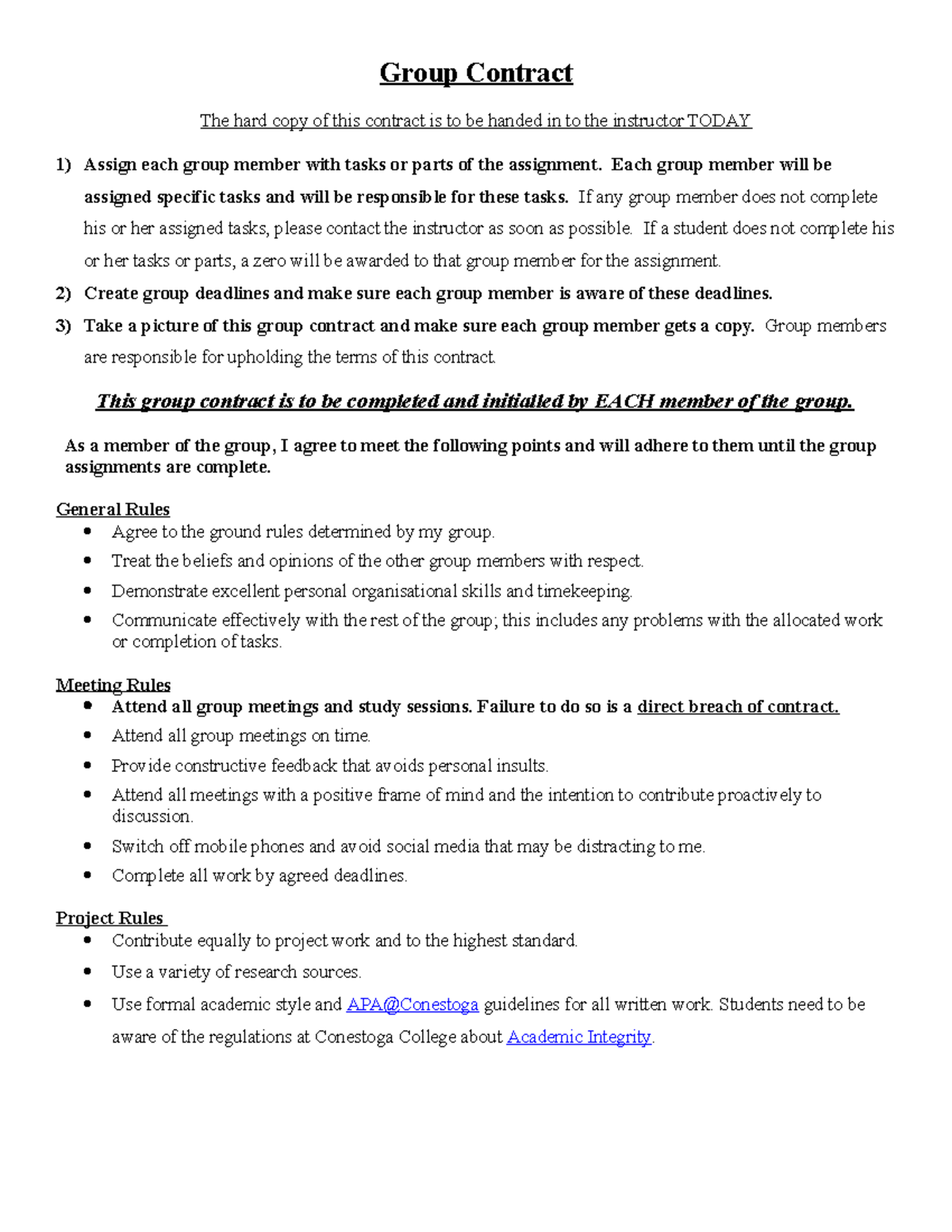 Group Contract for Assignment Tasks and Responsibilities - Studocu