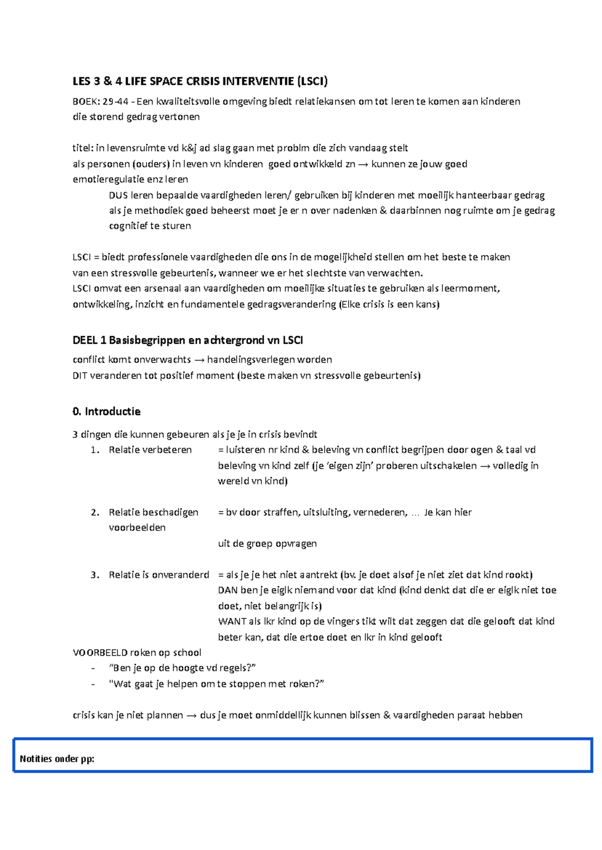 LES 3 4 LSCI: Crisisinterventie en Relatieopbouw bij Kinderen - Studocu