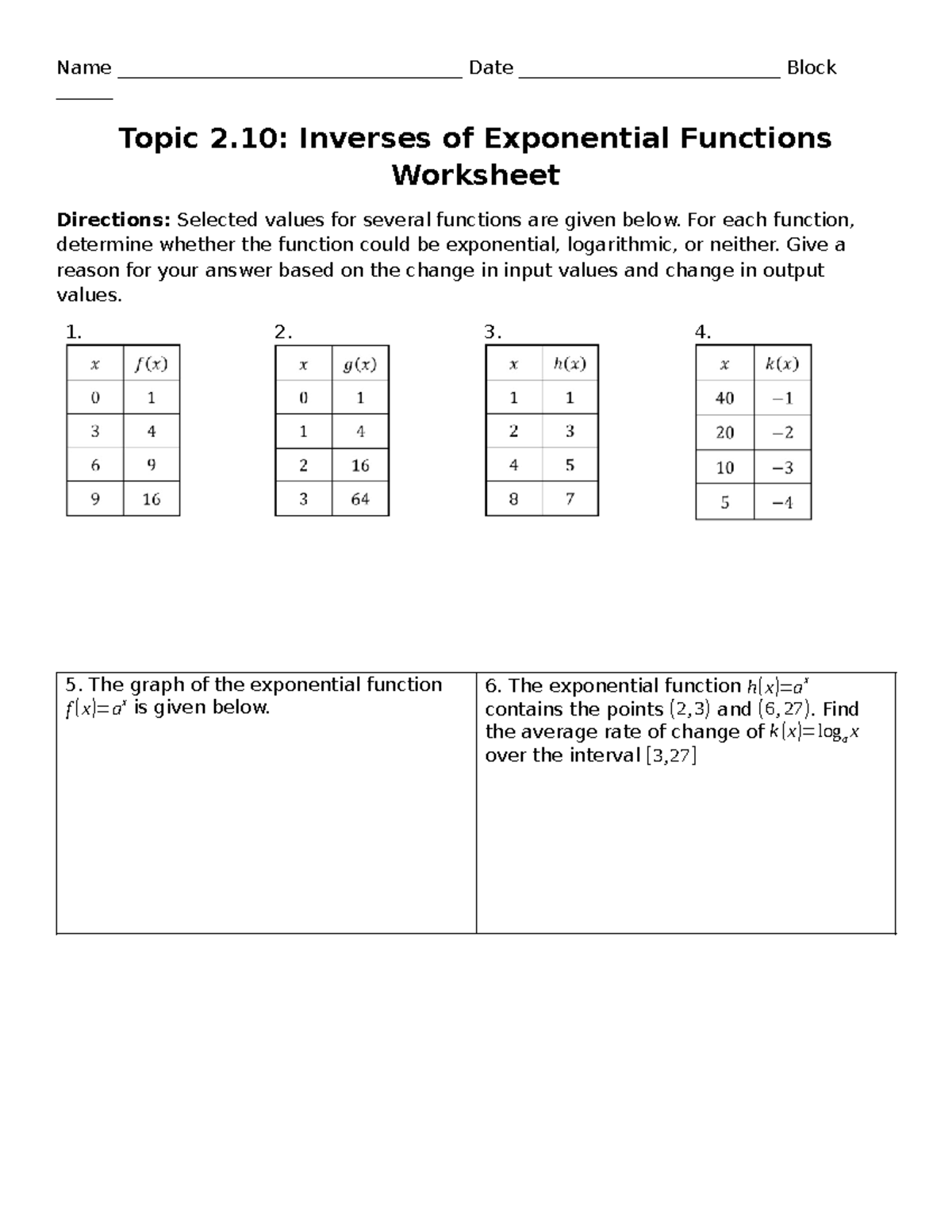 Dec 12-15 Worksheet: Inverses of Exponential Functions - Studocu