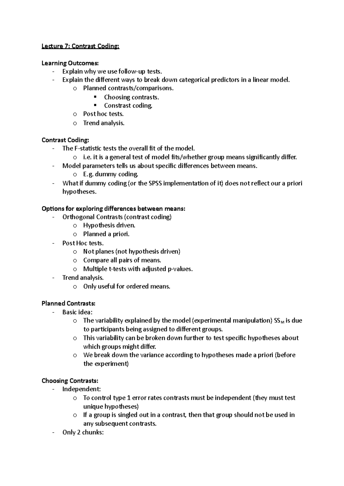 Lecture 7: Contrast Coding and Planned Contrasts Overview - Studocu