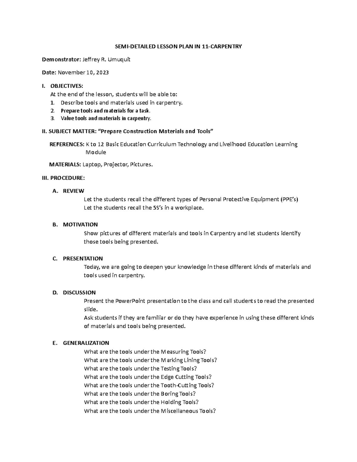 SEMI-DETAILED LESSON PLAN ON CARPENTRY TOOLS - 11-CARPENTRY - Studocu