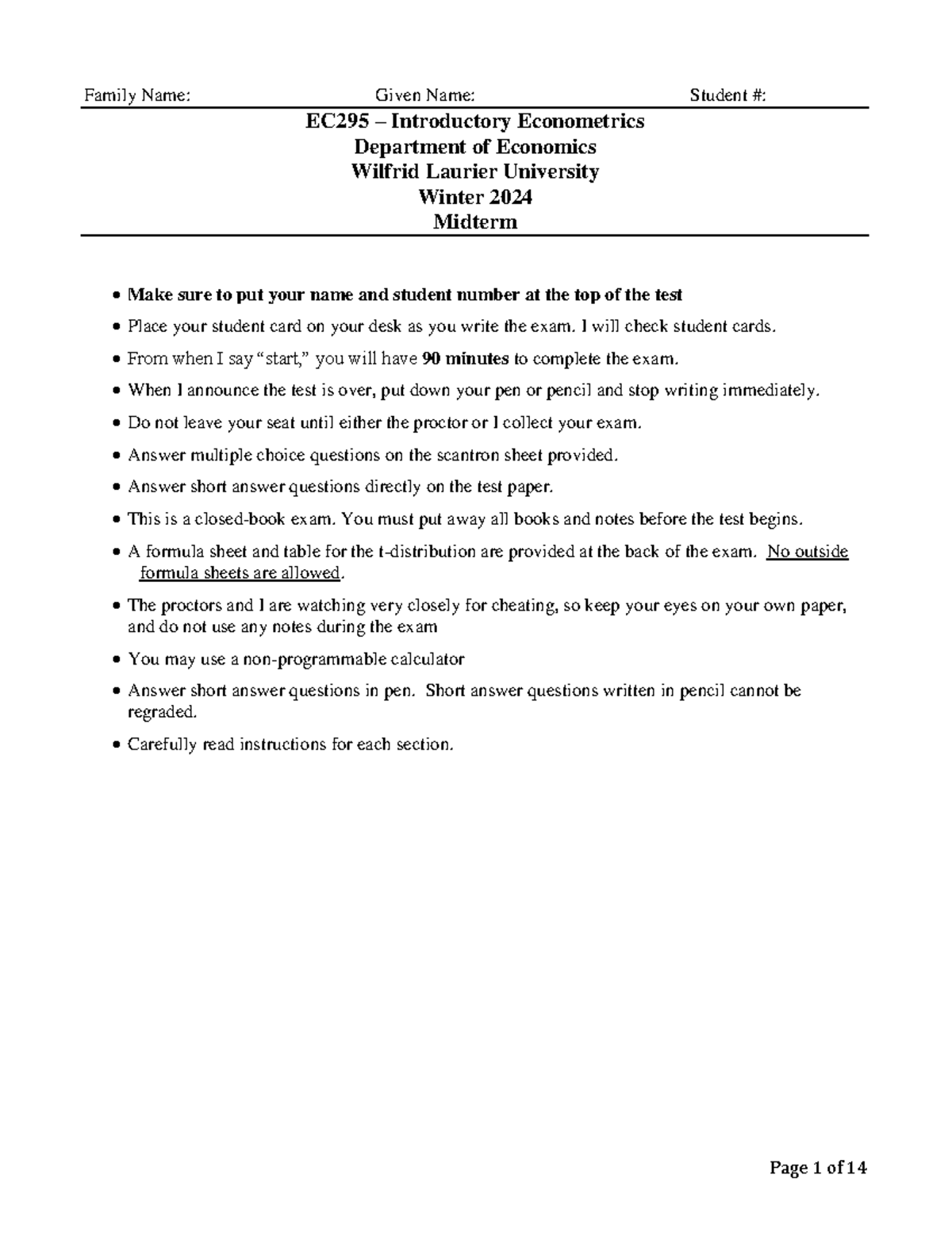 EC295 Introductory Econometrics Winter 2024 Midterm Exam Instructions ...