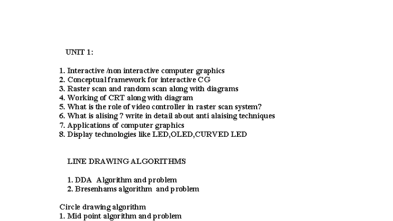 UNIT WISE PYQS FOR COMPUTER GRAPHICS (CG) - DETAILED STUDY GUIDE - Studocu