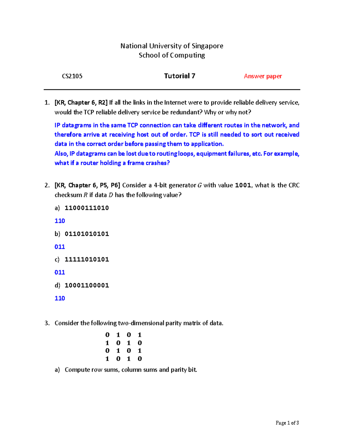 Tutorial 7 answers for CS2105: TCP reliability and error detection ...