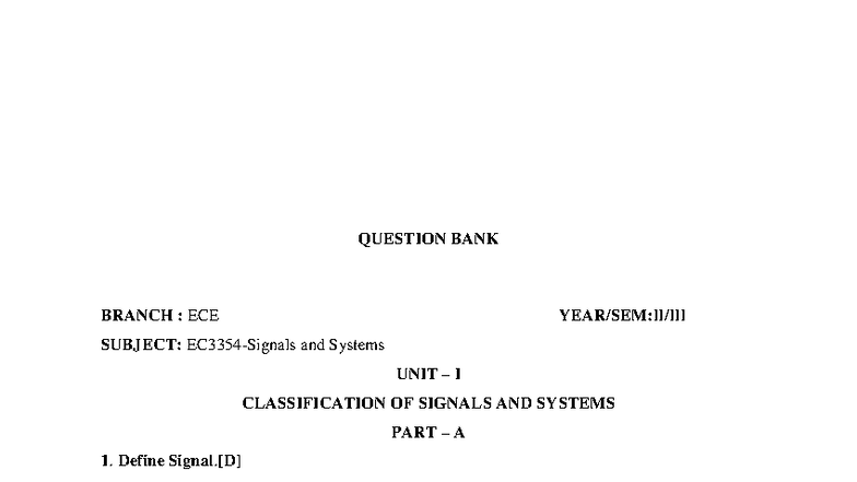 EC3354 - Signals and Systems: Question Bank for Unit I - Studocu