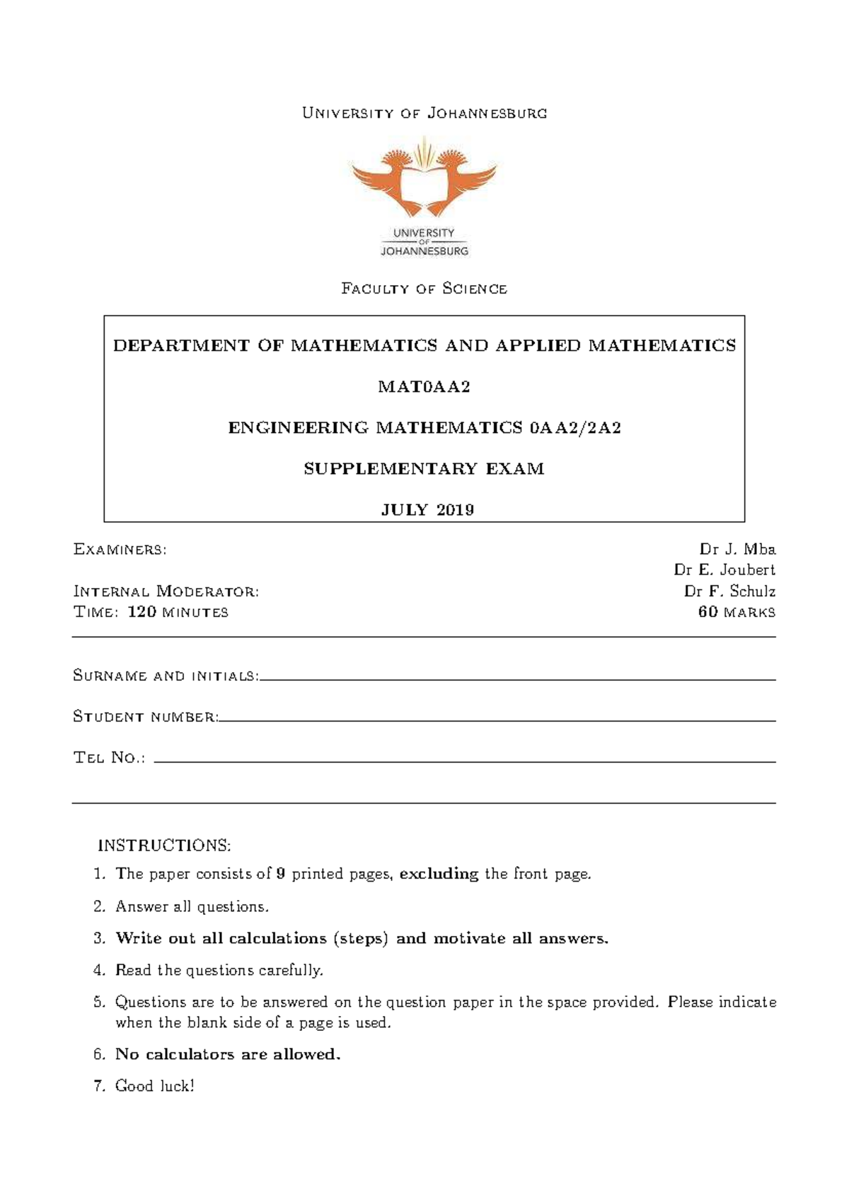 UJ MAT0AA2 Engineering Mathematics Supplementary Exam July 2019 - Studocu
