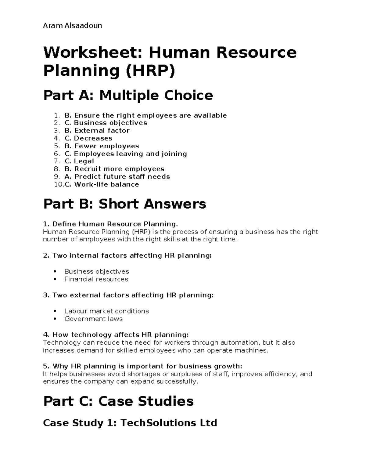 HRP Worksheet 1: Human Resource Planning Insights and Case Studies ...
