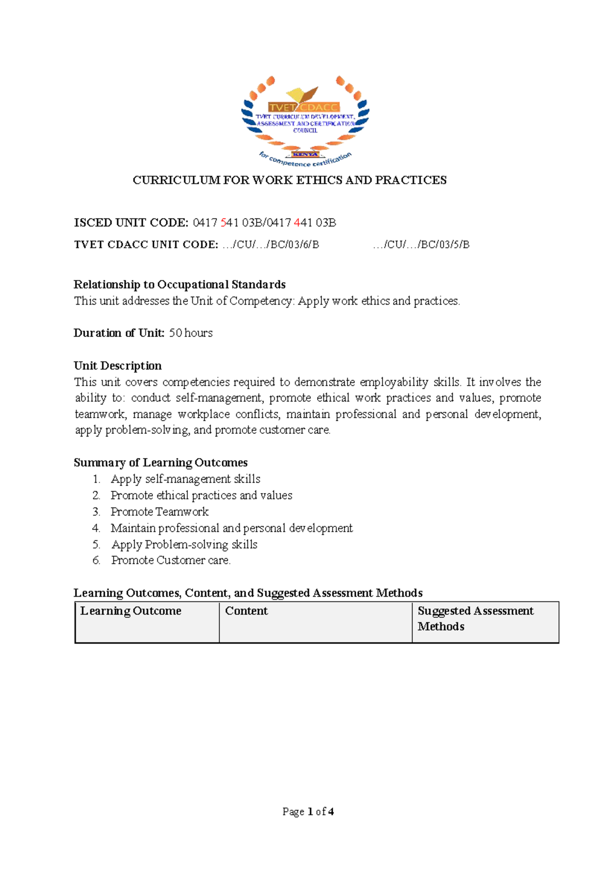 Curriculum for Work Ethics & Practices - ISCED 0417 541 441 03B - Studocu