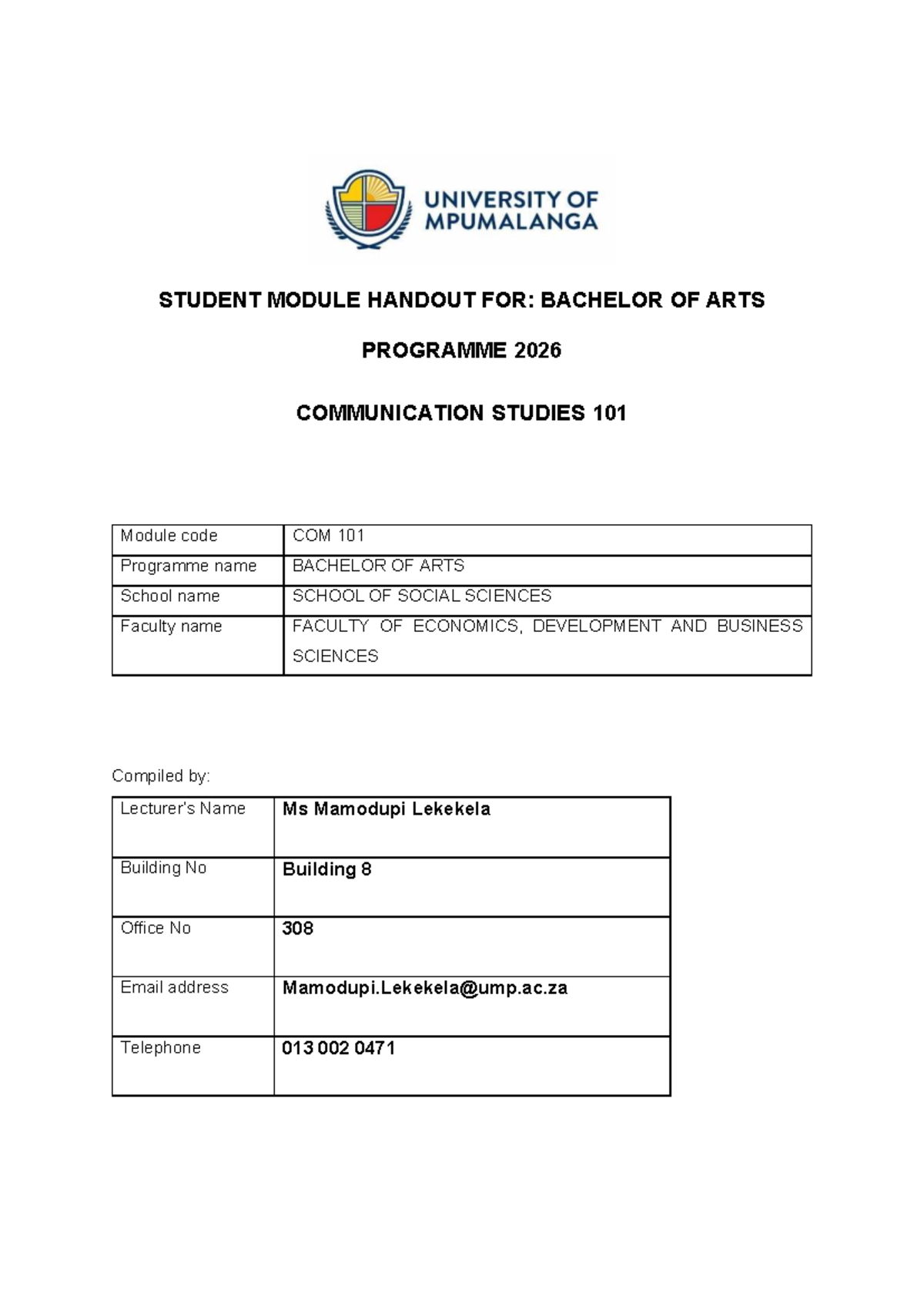 COM101 Communication Studies 101 Student Module Handout 2026 - Studocu