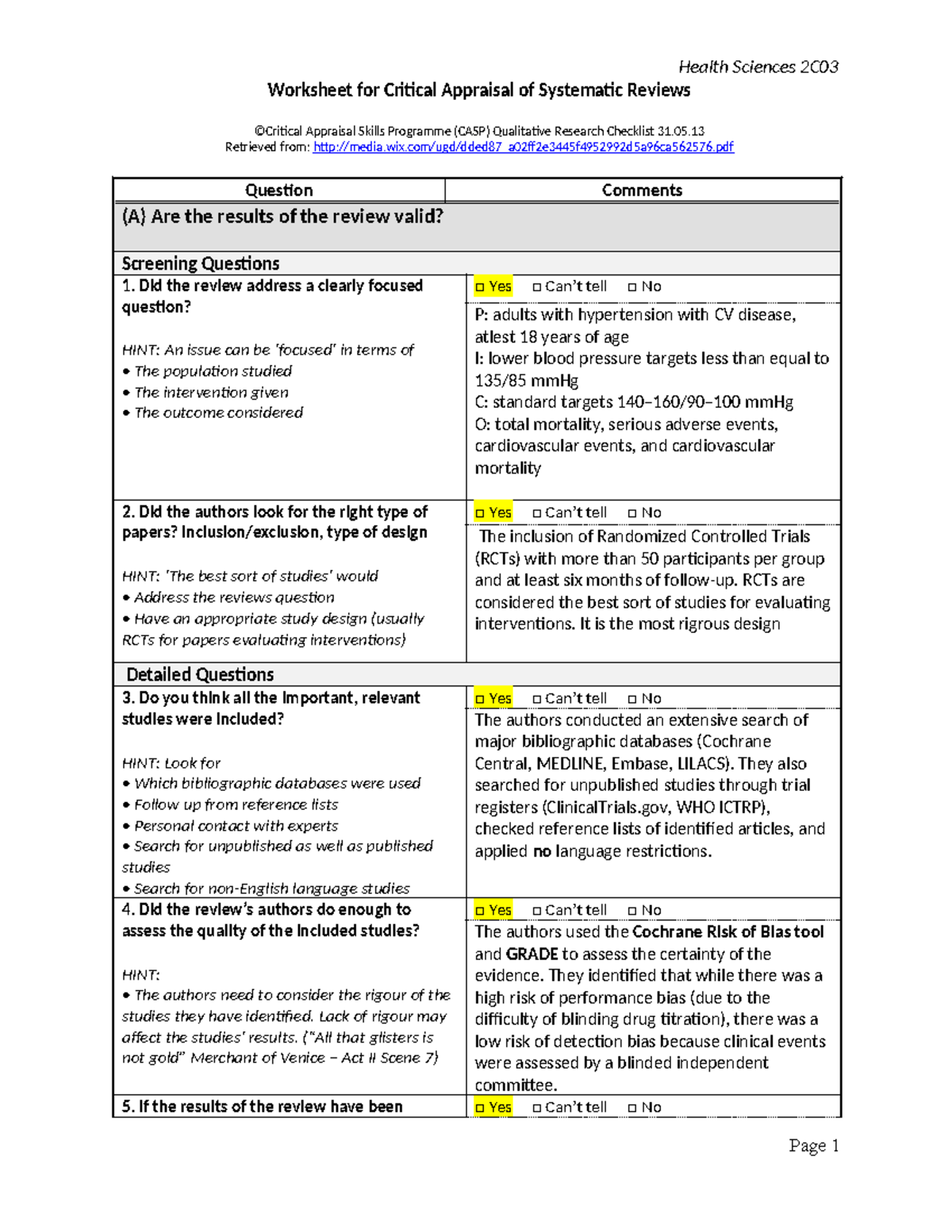 Health Sciences 2C03 Worksheet: Critical Appraisal of Systematic ...