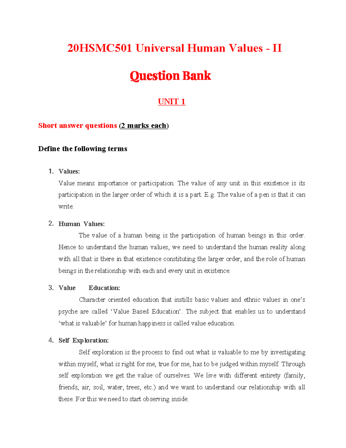 20HSMC501 Universal Human Values II Question Bank - Unit 1 Short Answer ...