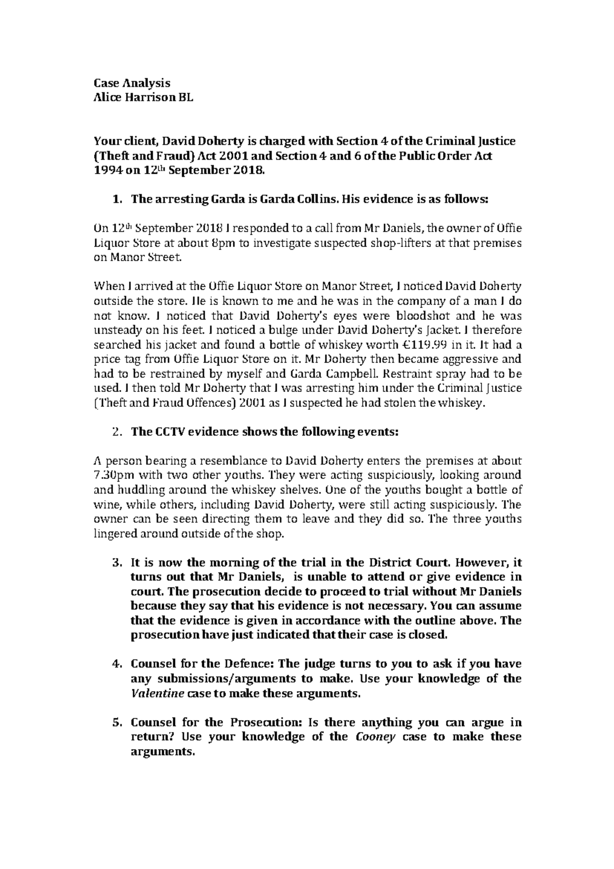 Case Study: Legal Analysis of David Doherty's Charges BL - Studocu