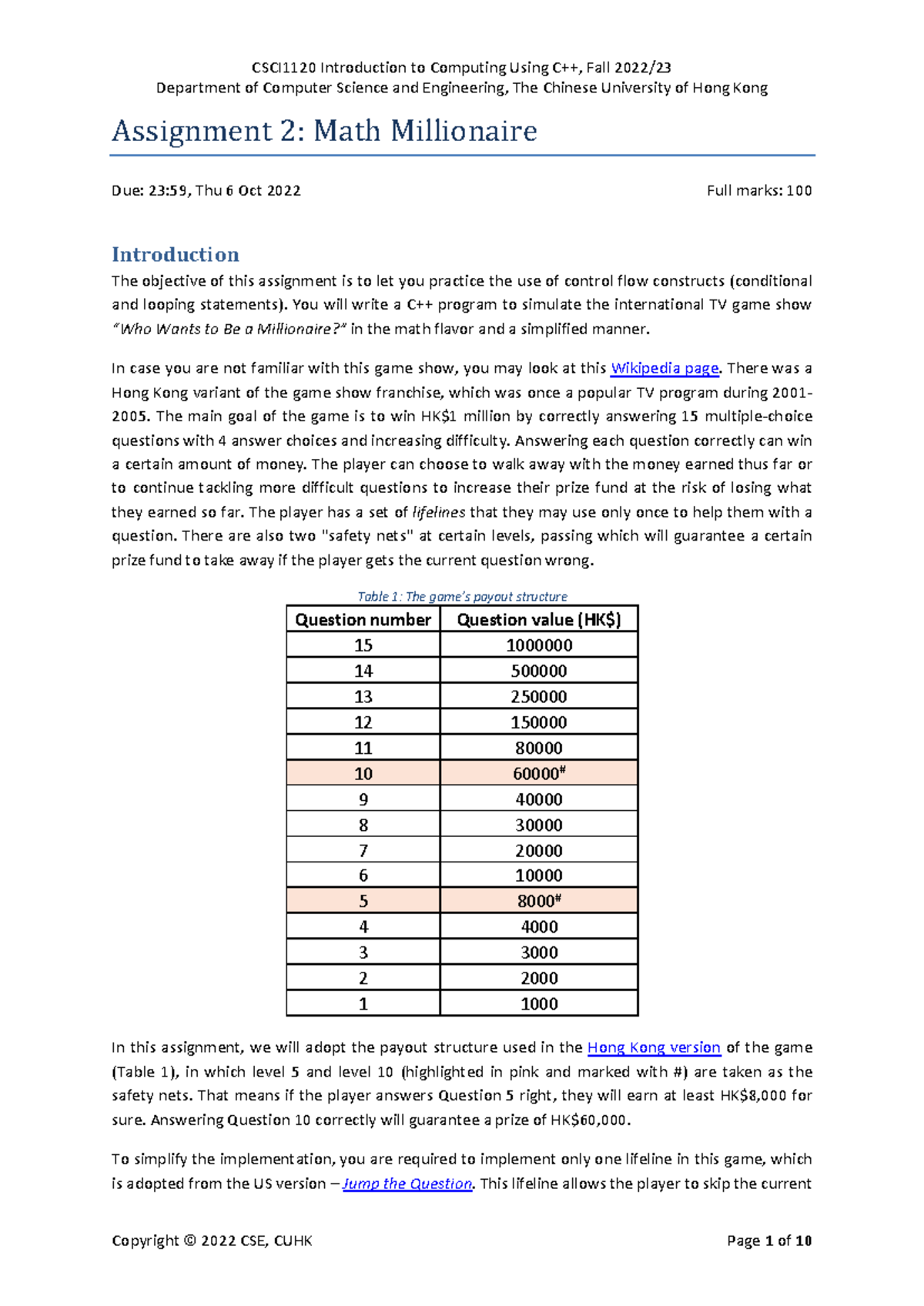 CSCI1120 Assignment 2: Math Millionaire Game Simulation - Studocu