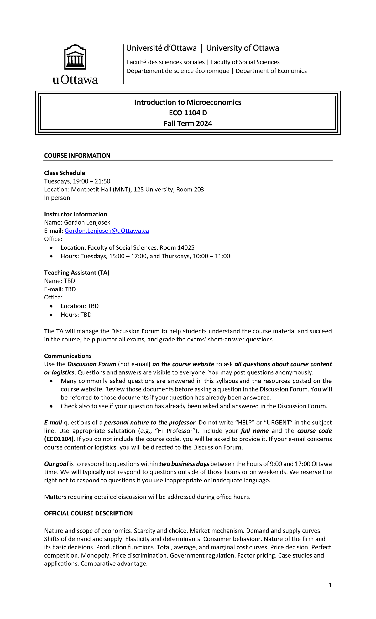 ECO 1104 D - Introduction to Microeconomics Syllabus, Fall 2024 - Studocu