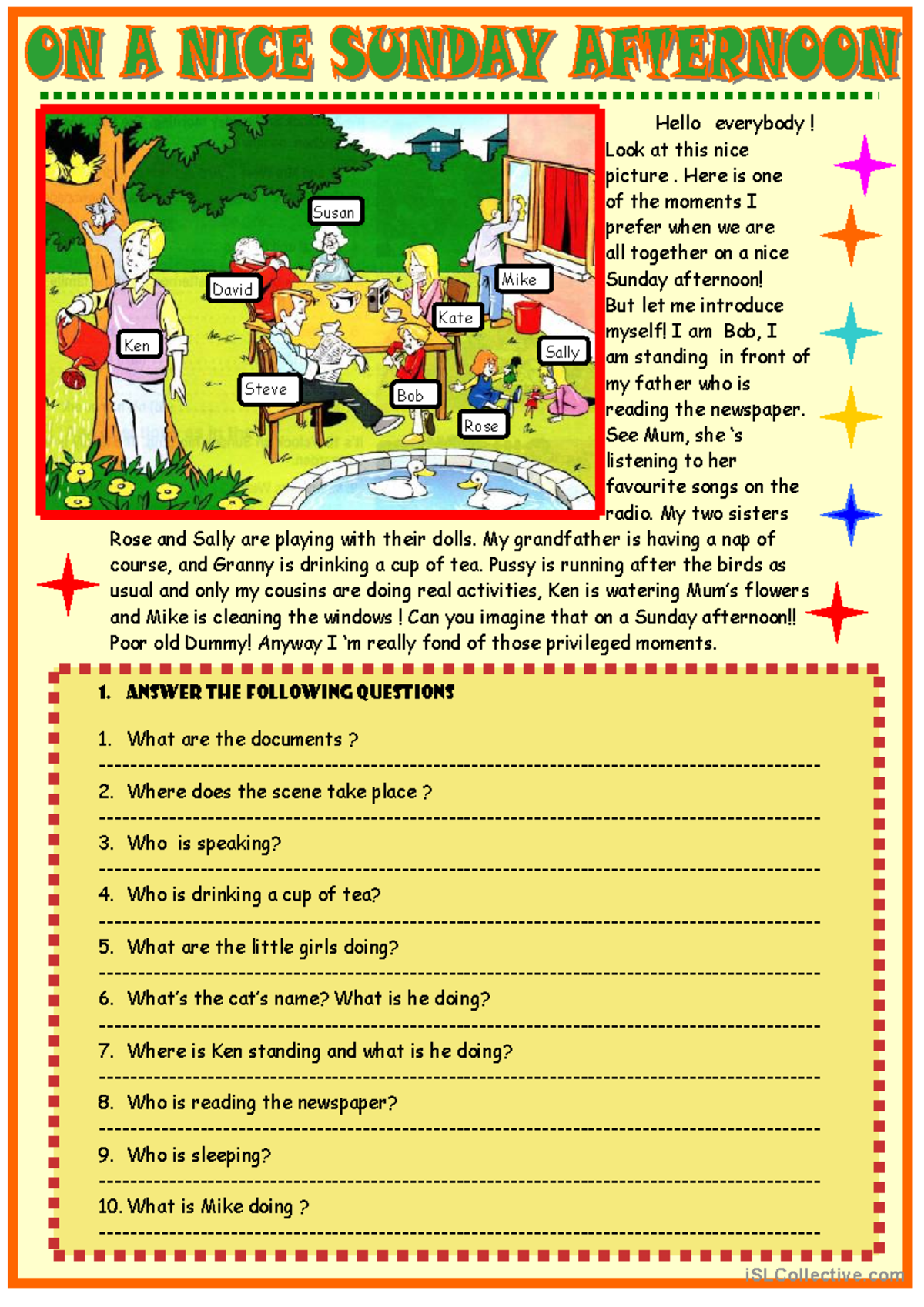 Present Continuous Practice: Sunday Afternoon Scene Questions & Answers ...