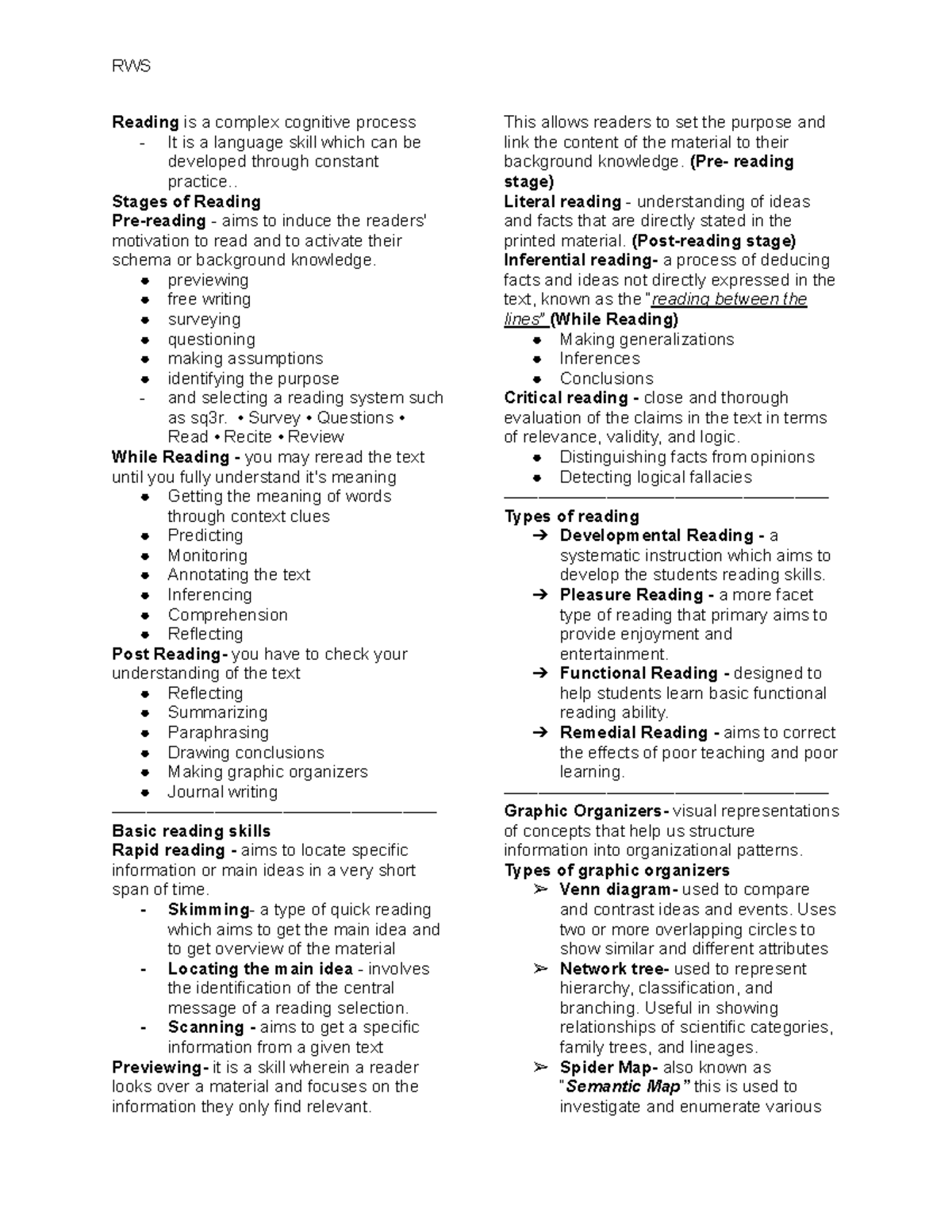 RWS - Comprehensive Reading Skills Reviewer - Studocu