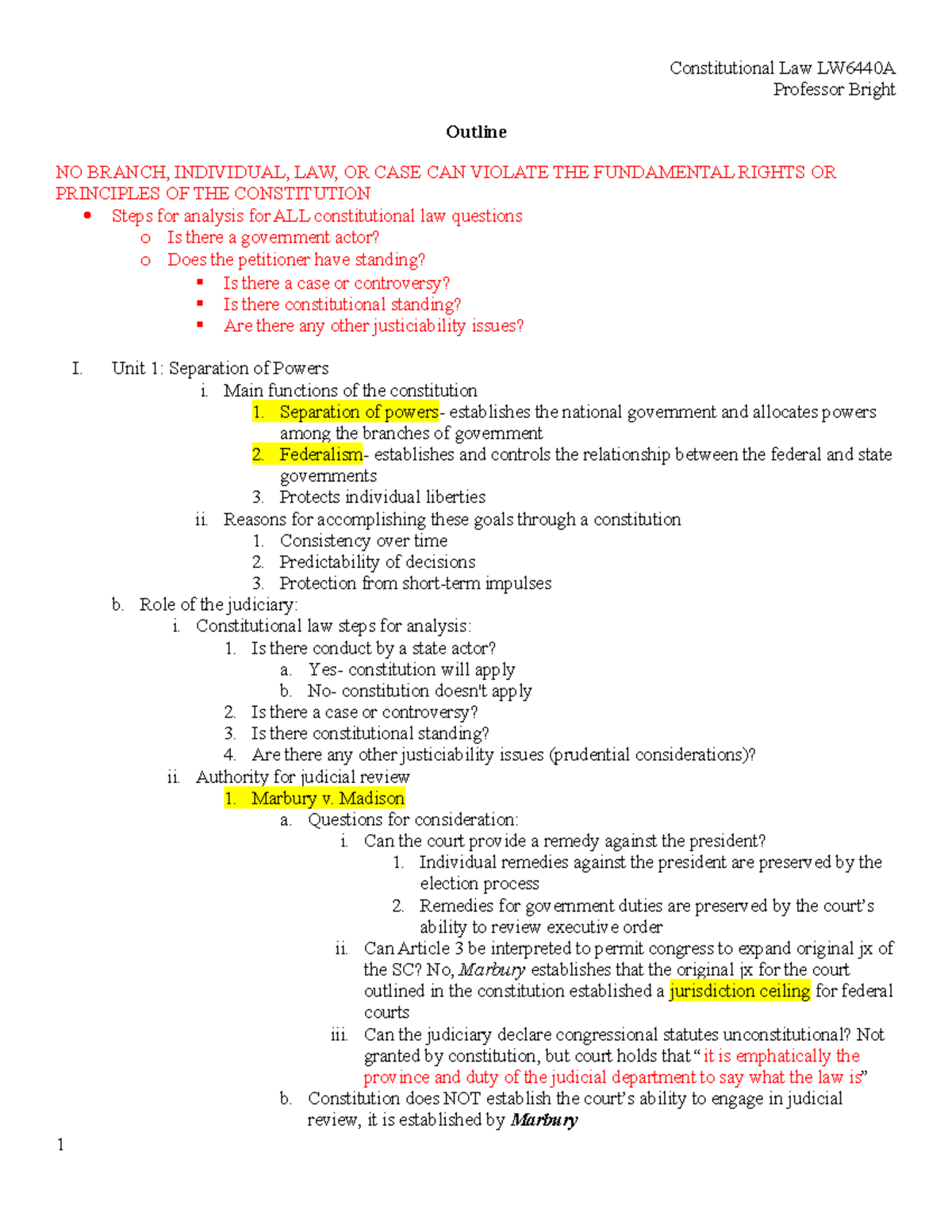 Constitutional Law LW6440A: Comprehensive Outline by Professor Bright ...
