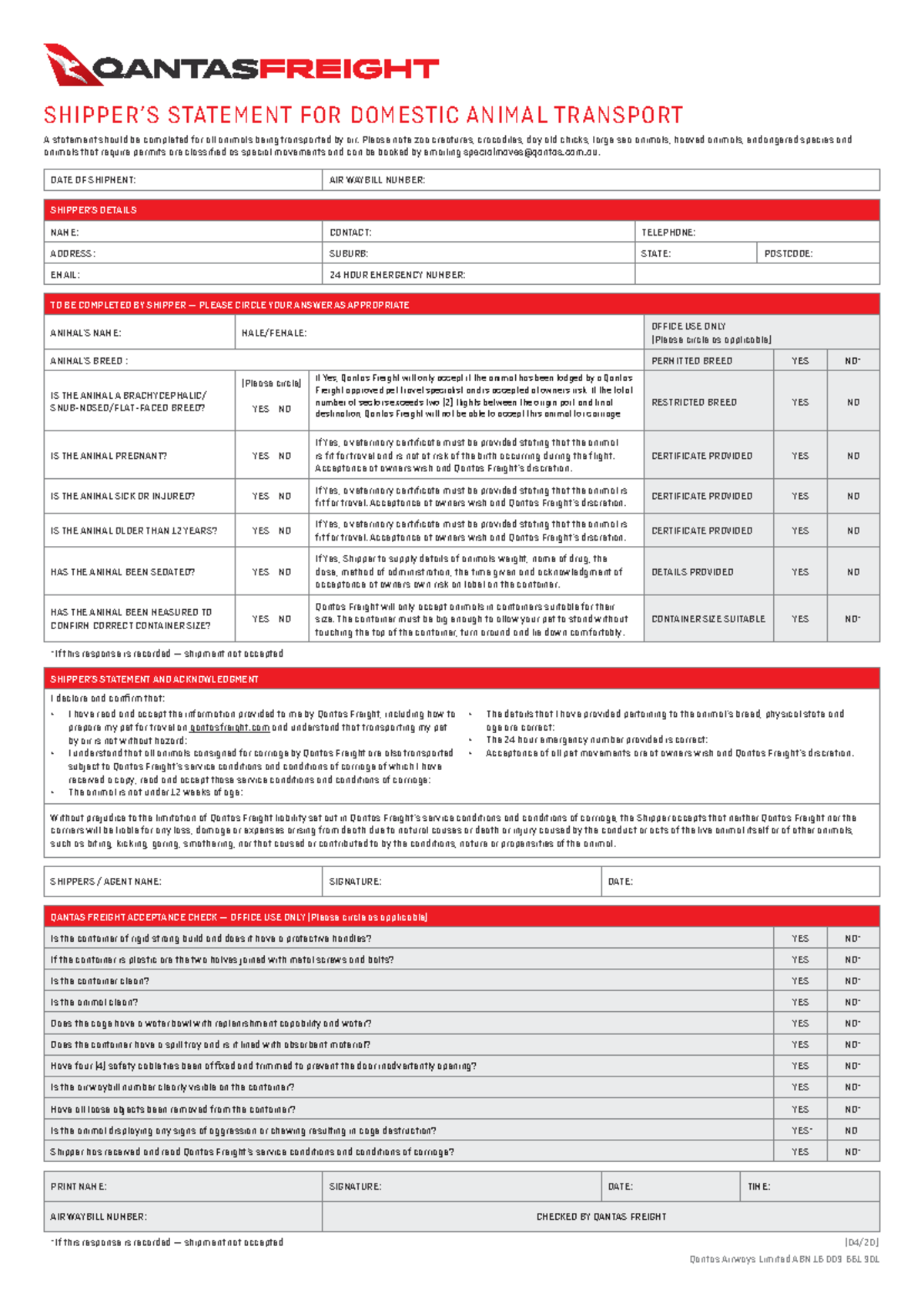Shipper's Statement for Domestic Animal Transport - Qantas Freight ...