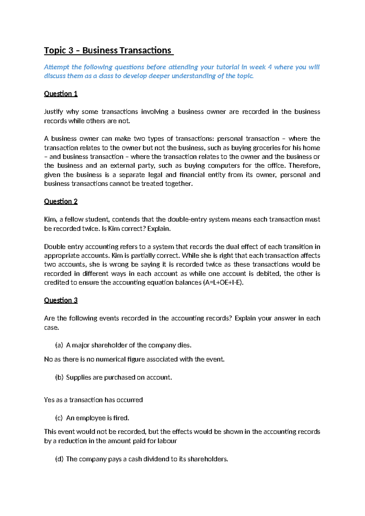 Topic 3 AF1001 Business Transactions Tutorial Questions for Week 4 ...