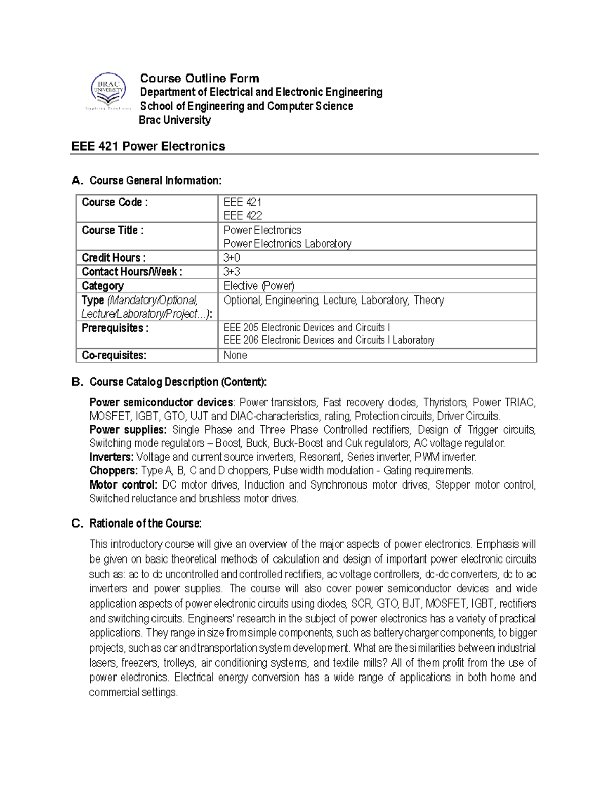 EEE 421 Power Electronics Course Outline and Objectives - Studocu