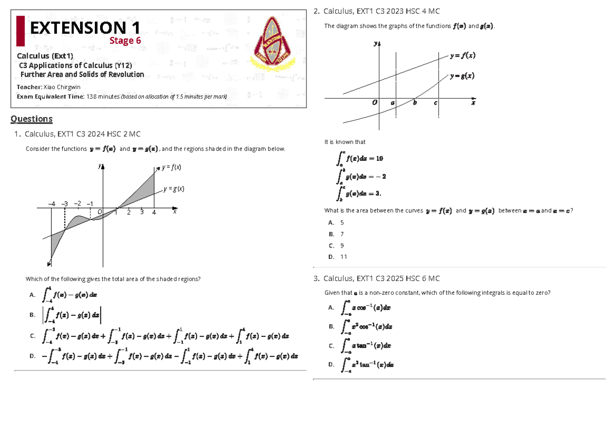 Calculus, EXT1 C3 2026 HSC Further Area and Volume Past Q&A - Studocu