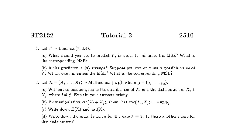 ST2132 T2 Practice Questions: Binomial & Multinomial Distributions ...