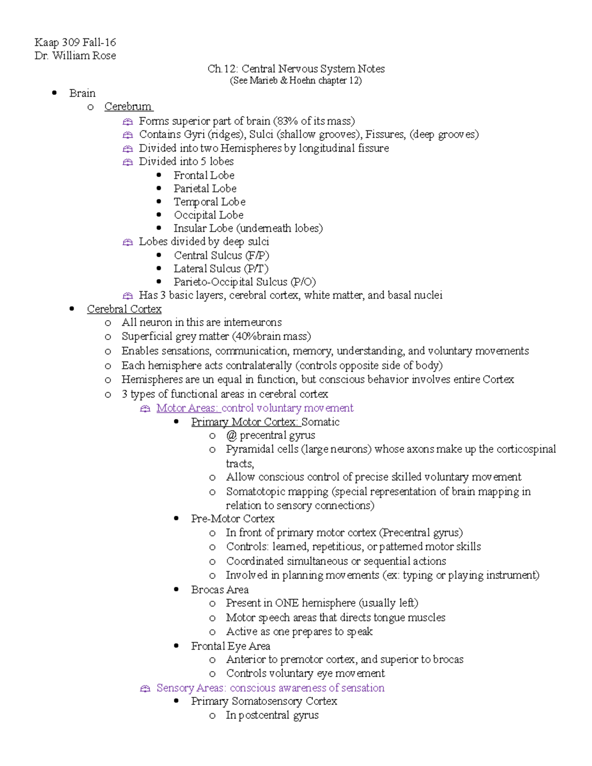 Ch 12 CNS - Ch 12 Central Nervous System Notes - Kaap 309 Fall- Dr ...