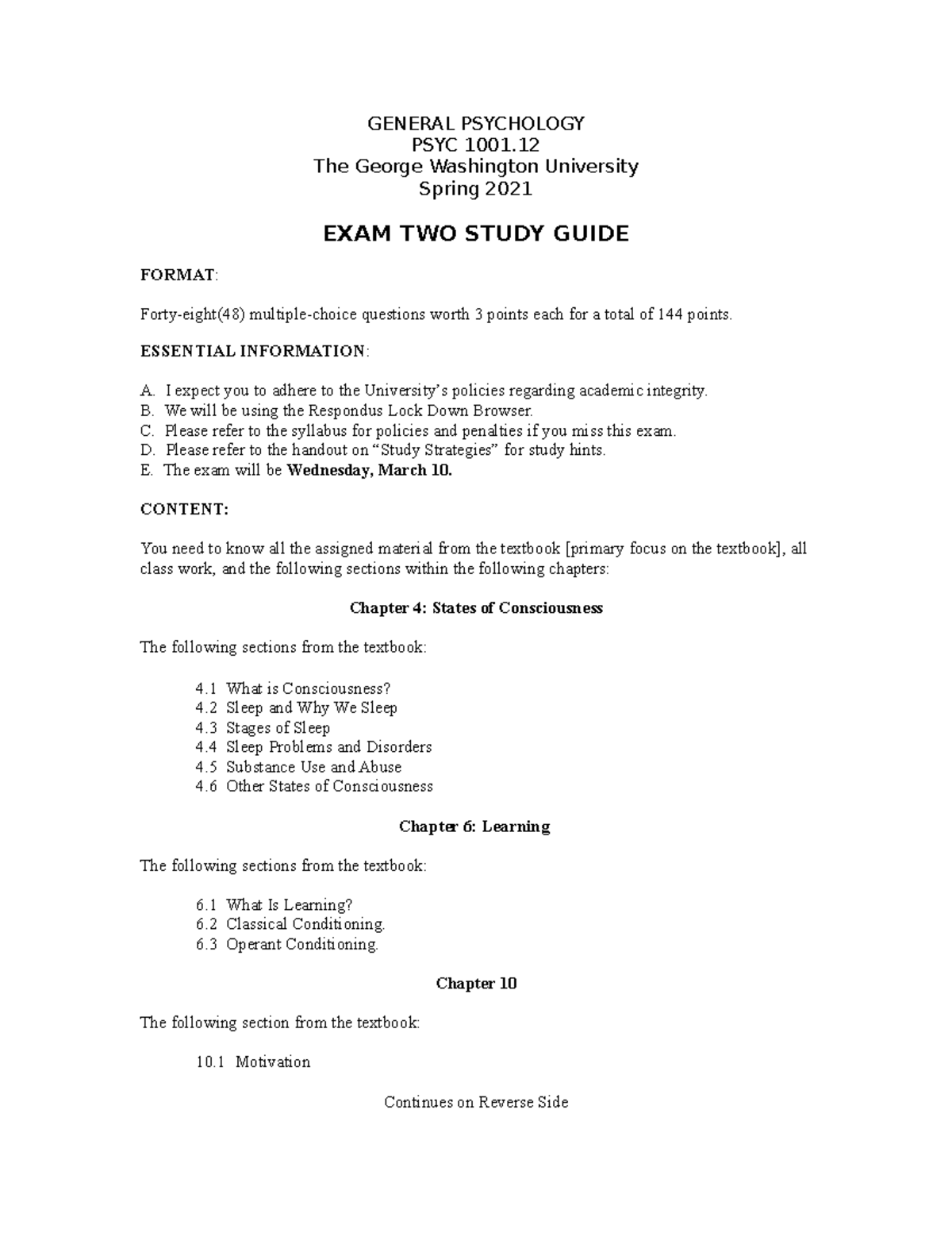 Exam 2 study guide - psyc 1001 - GENERAL PSYCHOLOGY PSYC 1001. The ...