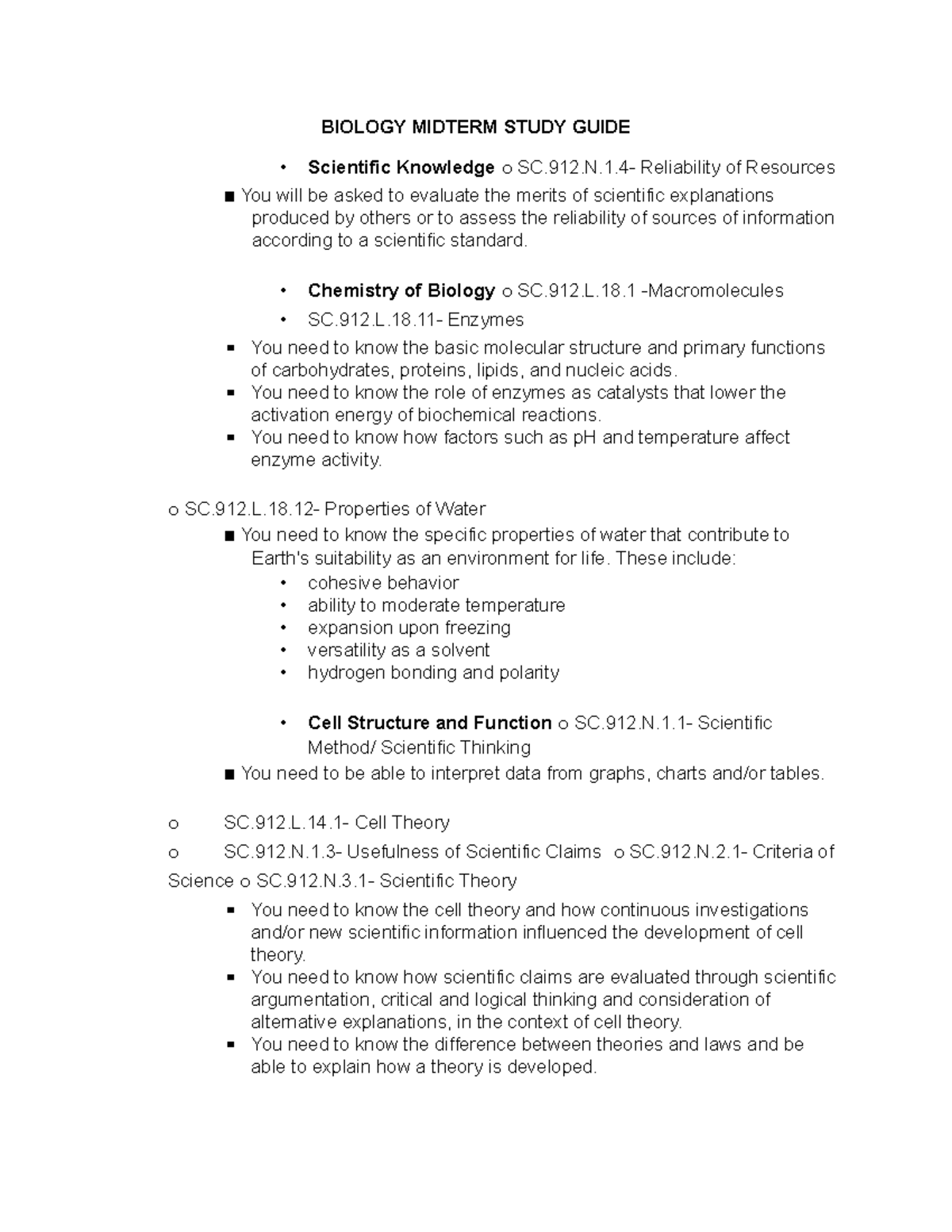 BIOLOGY MIDTERM STUDY GUIDE: Key Concepts & Topics - Studocu