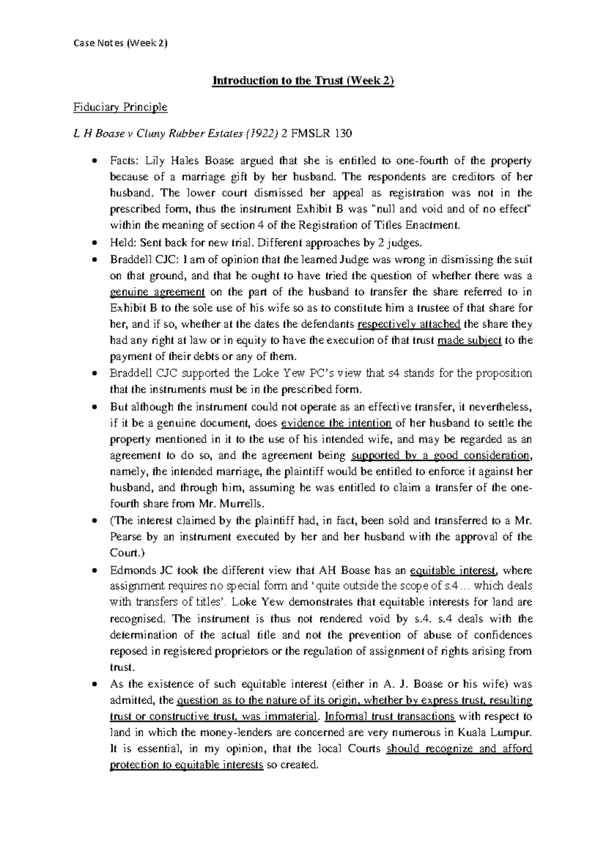 Case Notes (Wk 2) - Introduction to Trusts: Key Legal Principles - Studocu