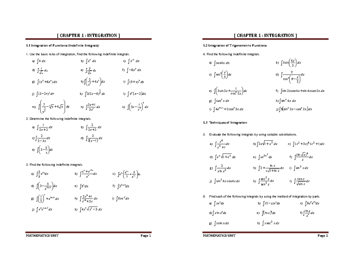 Chapter 1: Integration of Functions - Indefinite Integrals - Studocu