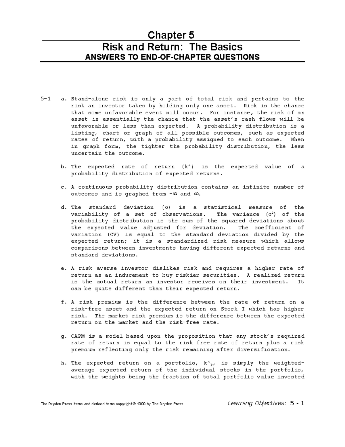 Chapter 5 Problem Solutions: Risk and Return Fundamentals (FIN 101 ...