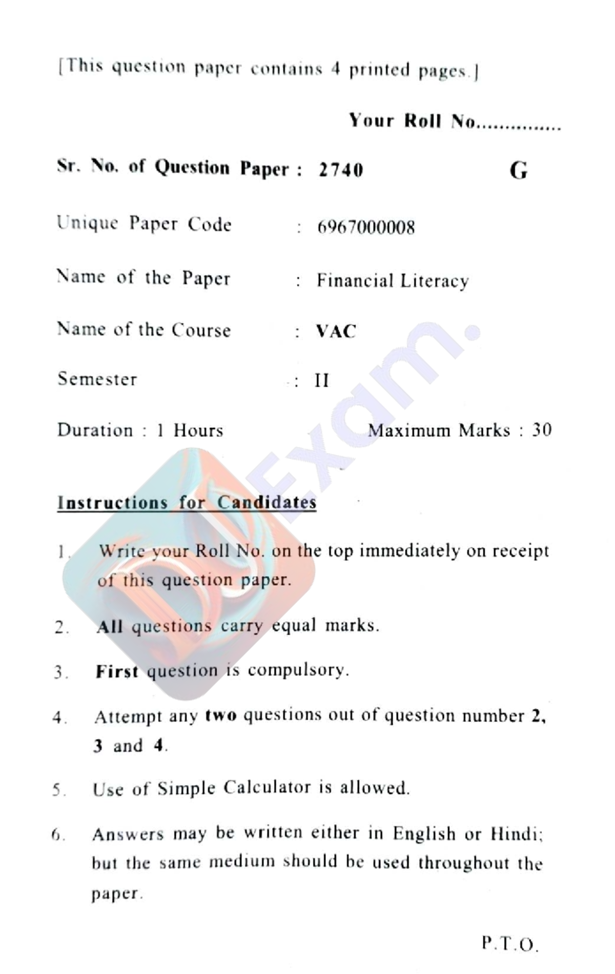 Financial Literacy Exam Paper - VAC Semester II (Code: 2740) - Studocu