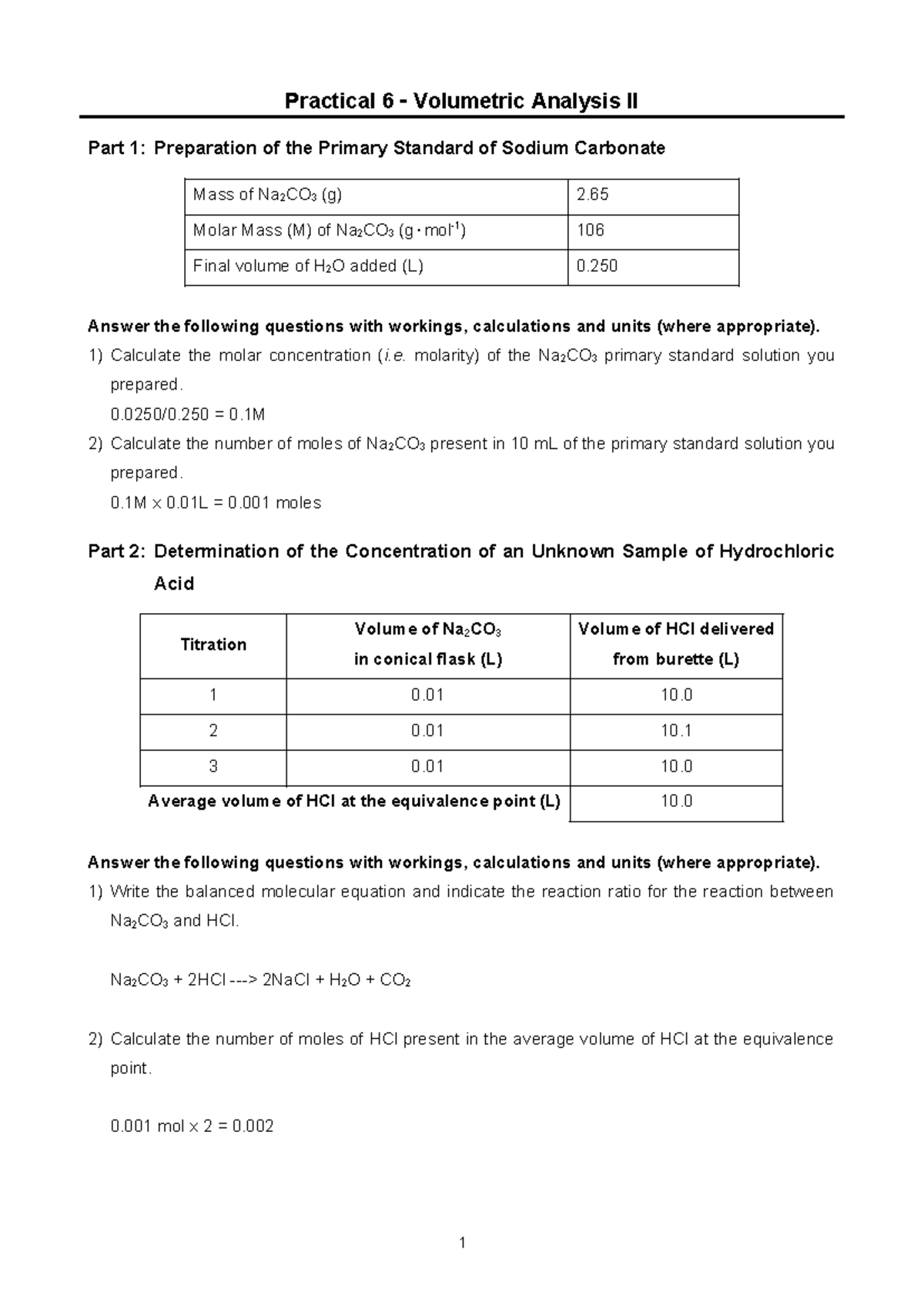Chem - Practical 6 - Volumetric Analysis experiment II , primarily ...