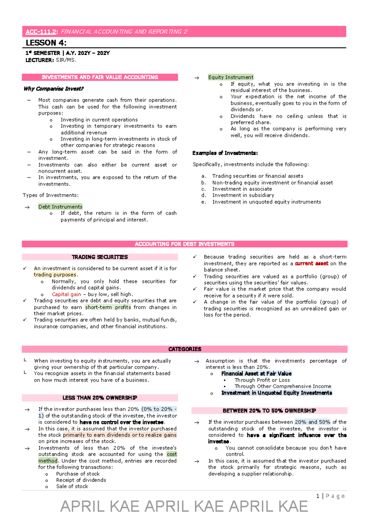 ACC-111: Lesson 4 - Investments & Fair Value Accounting Insights - Studocu
