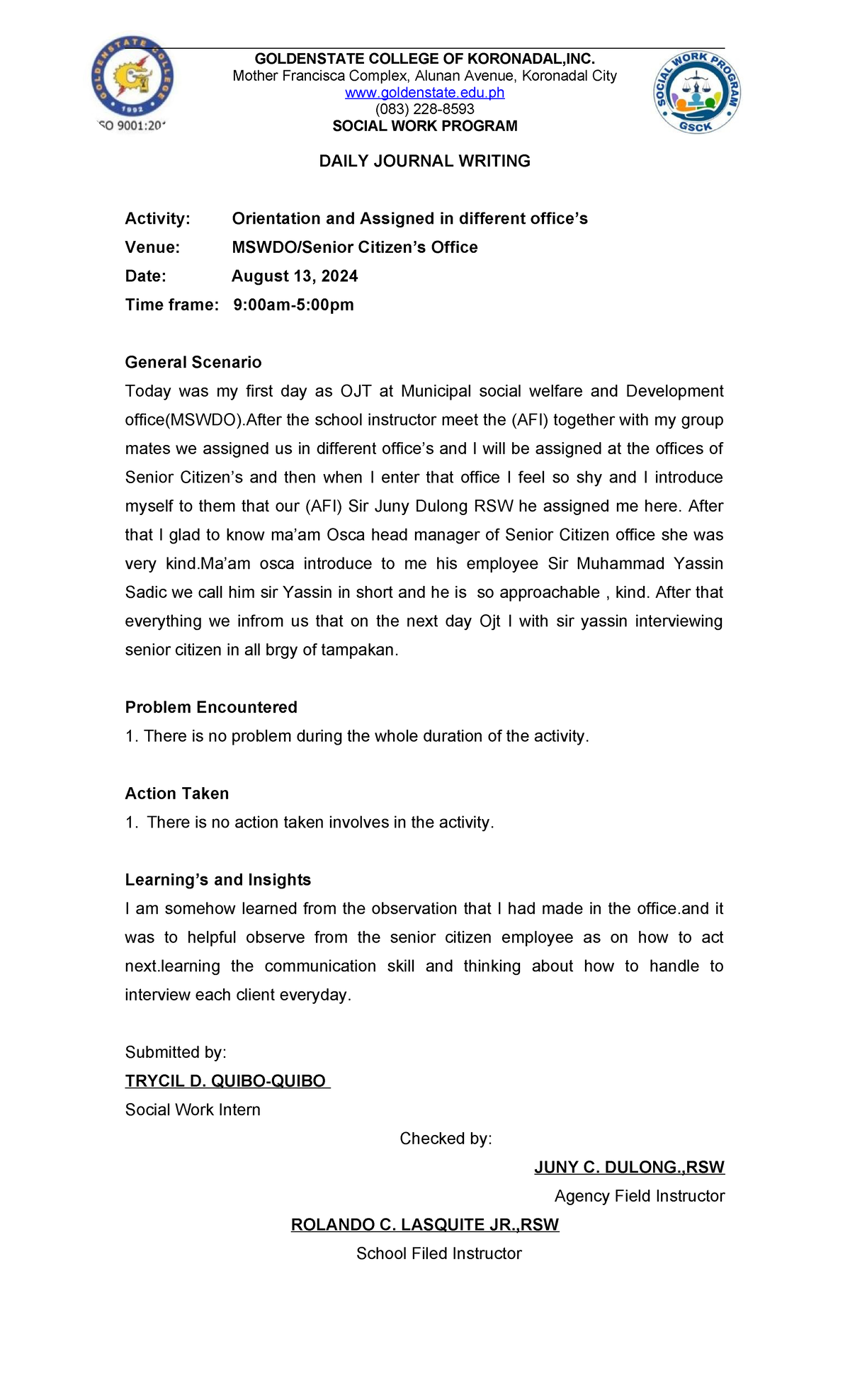 Daily Journal Writing - Social Work Internship (SWK 101) - Studocu