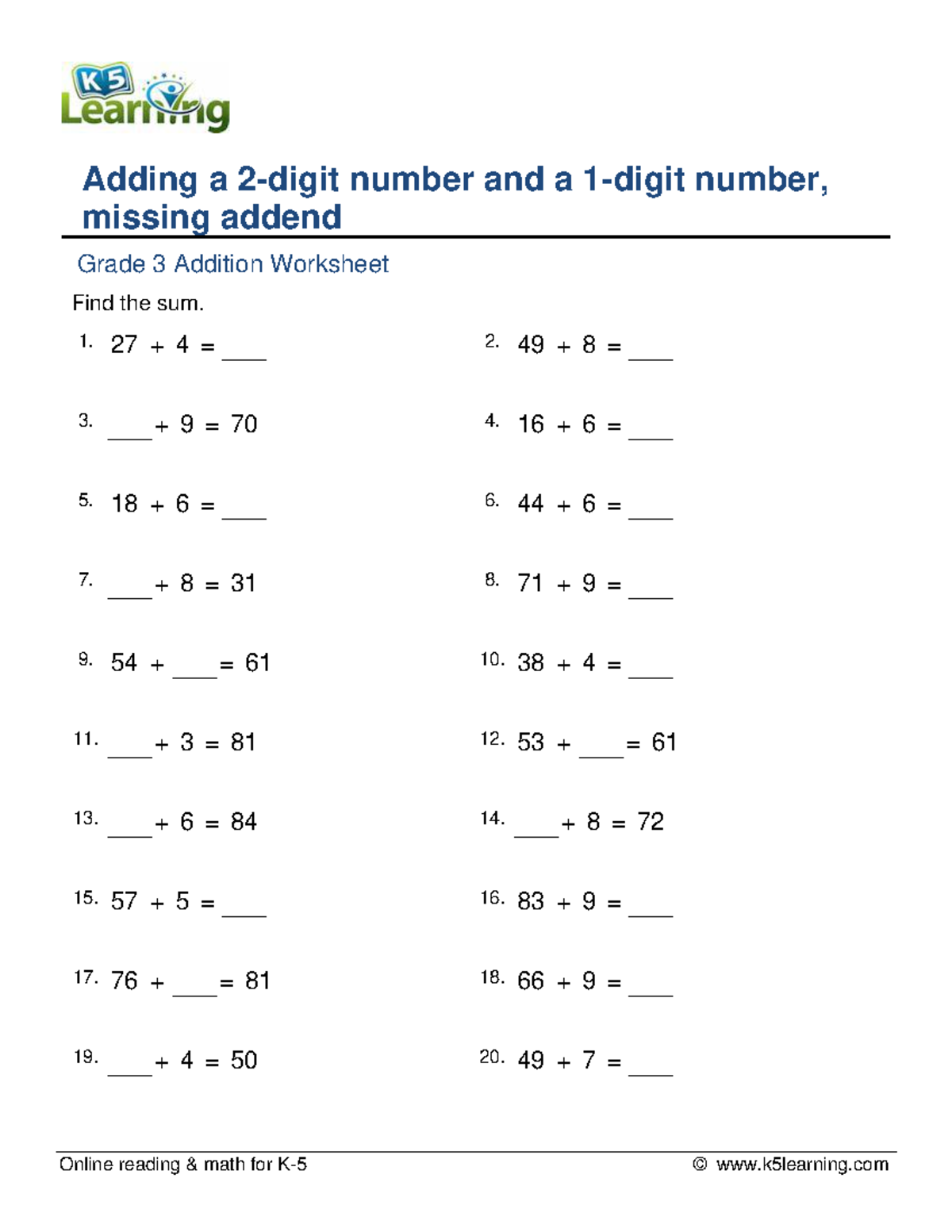 Grade 3 Addition Worksheet: 2-Digit + 1-Digit Missing Addend - Studocu