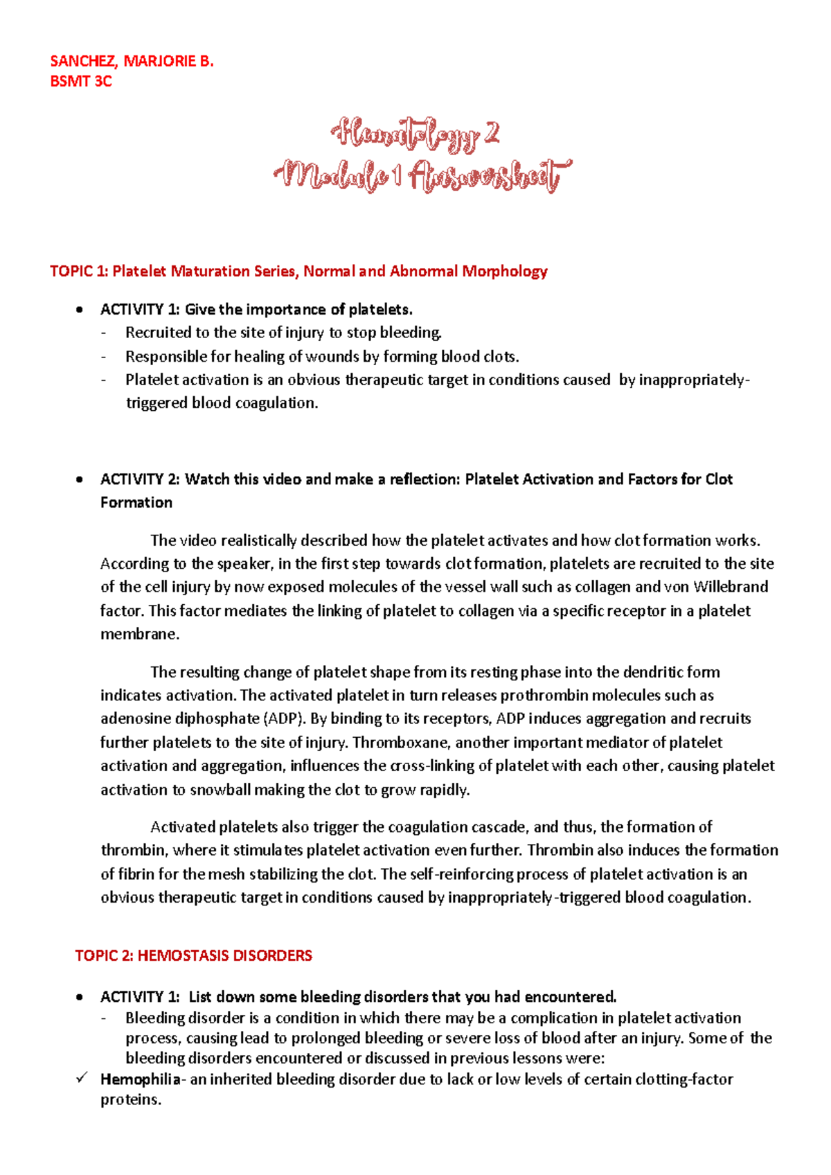Hematology 2 Module 1 Platelet Maturation & Hemostasis Disorders - Studocu