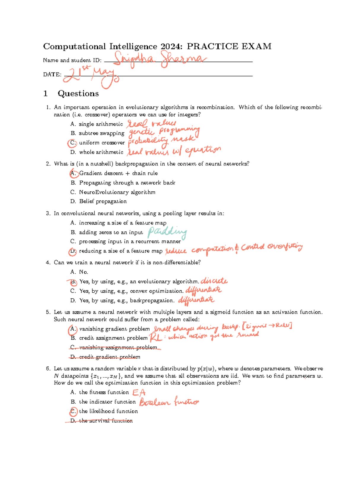 CI 2024: Computational Intelligence Practice Exam Questions and Answers ...