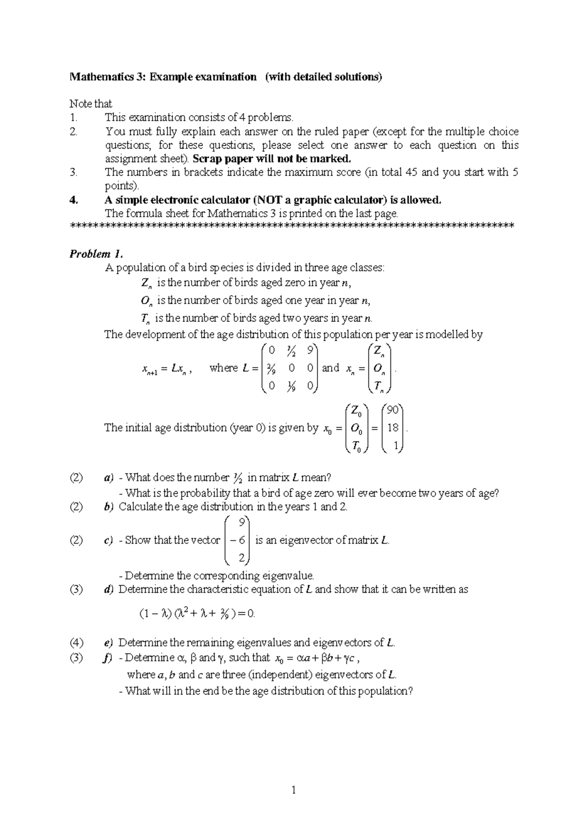 Mathematics 3: Example Exam with Detailed Solutions and Analysis ...