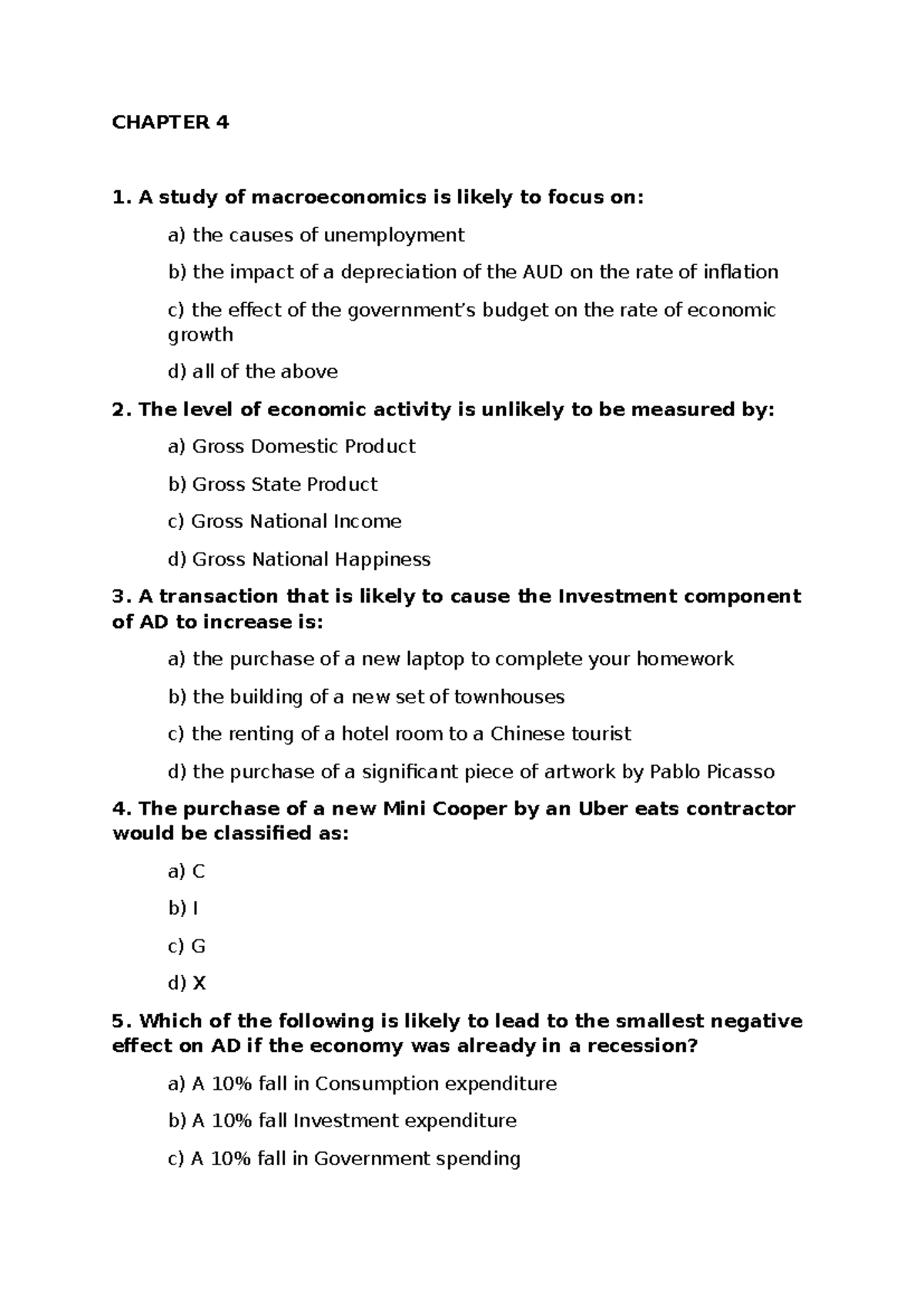 CHAPTER 4: Macroeconomics Multiple Choice Questions (Unit3aos2) - Studocu