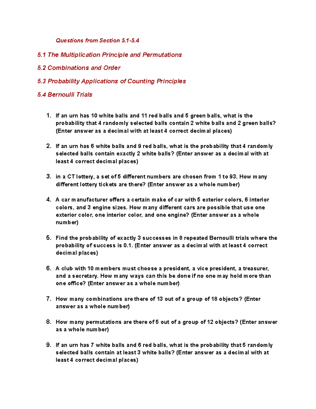 Math 1070 Exam 2: Probability, Combinations, and Permutations Questions ...