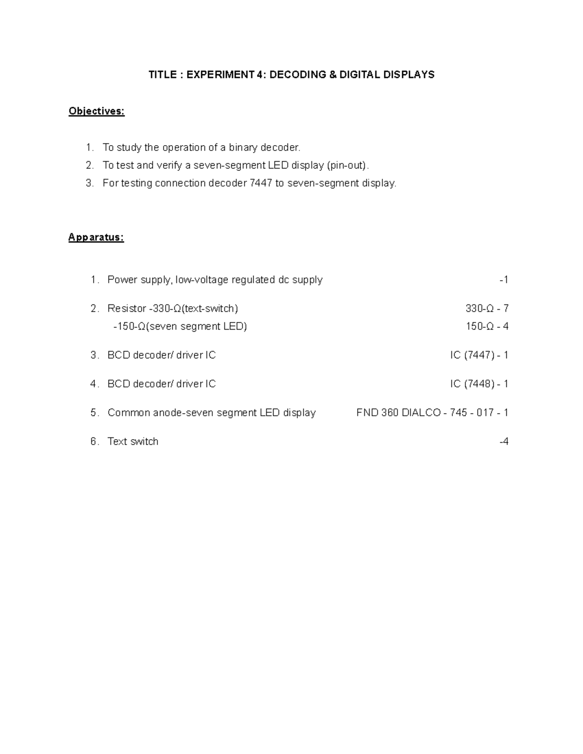 PHY340 Final Exam Experiment 4: Binary Decoders & 7-Segment Displays ...