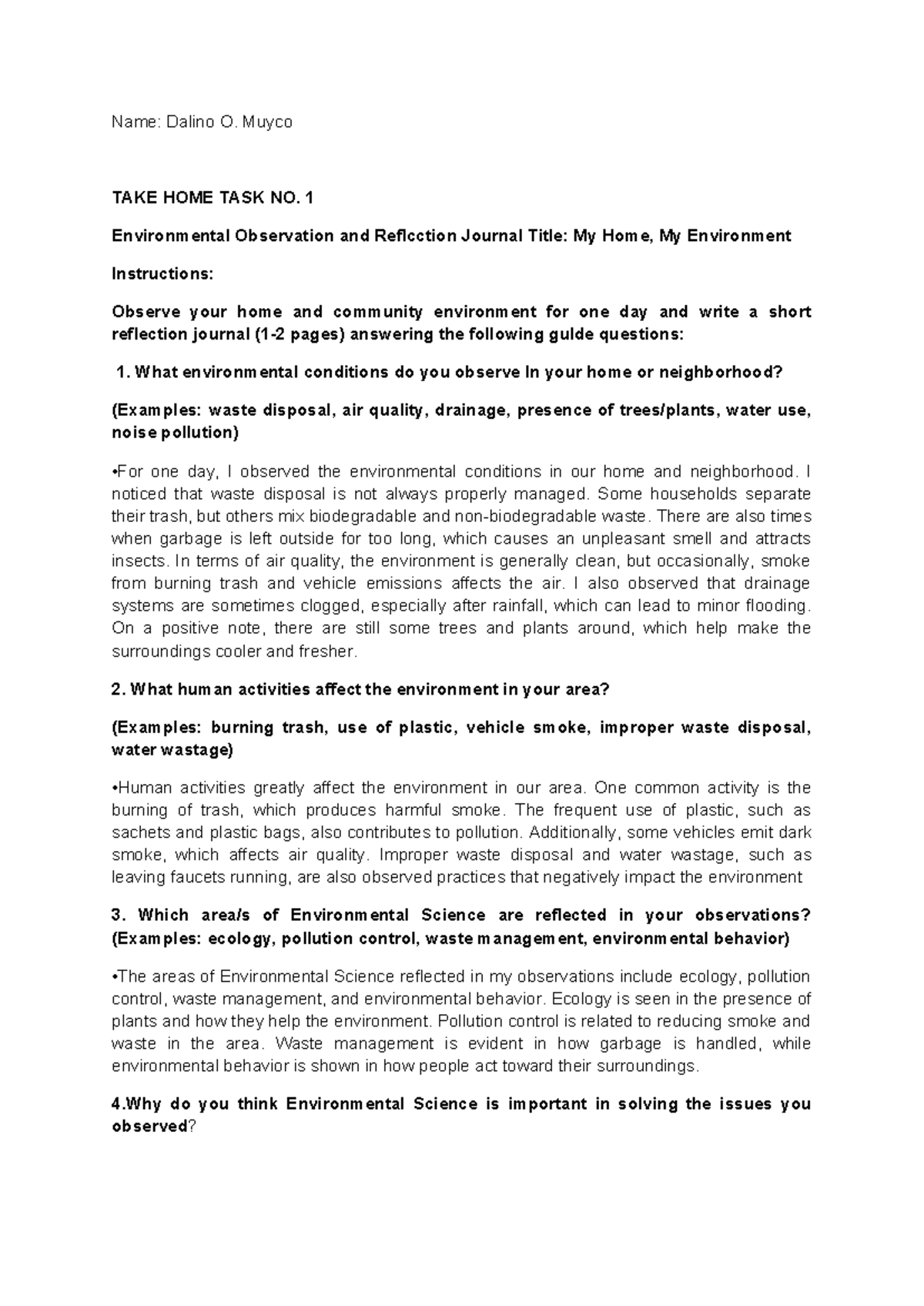 ES 101: Take Home Task No. 1 - Environmental Observation Journal - Studocu