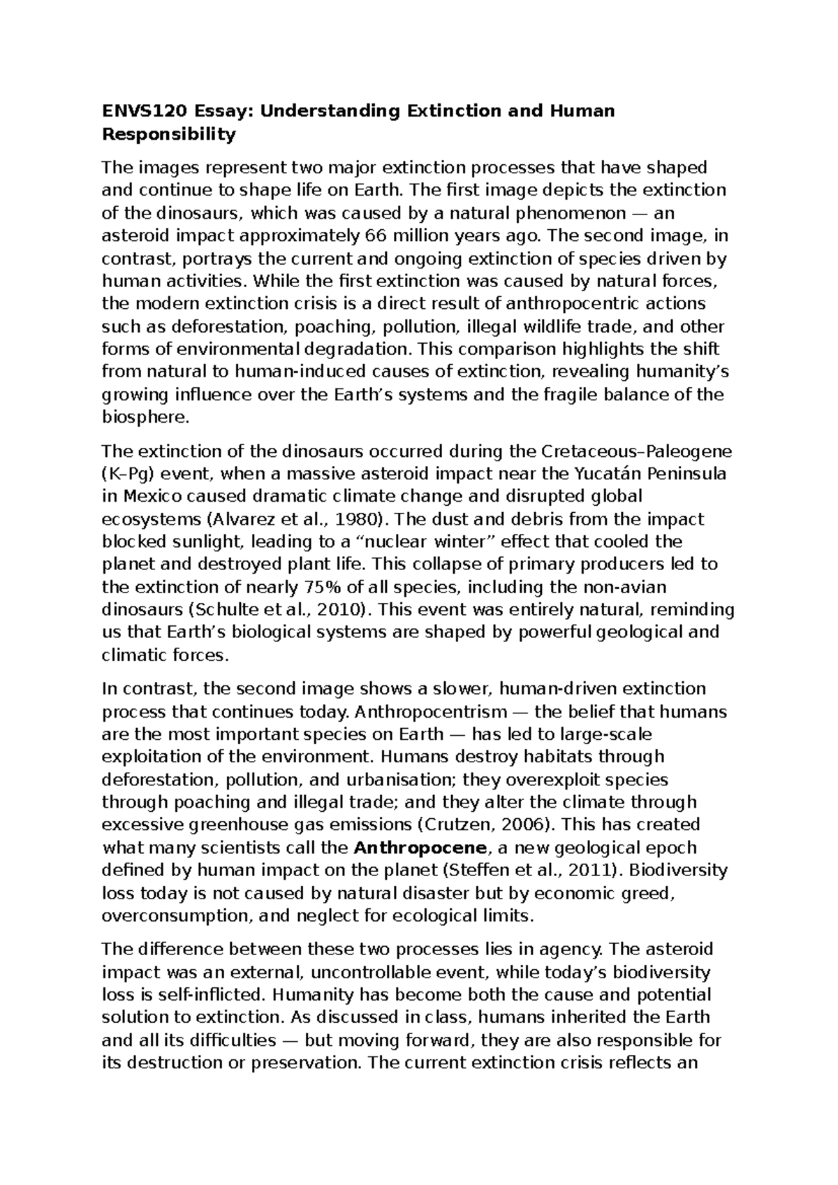 ENVS120 Essay: Extinction Events and Human Impact on Biodiversity - Studocu