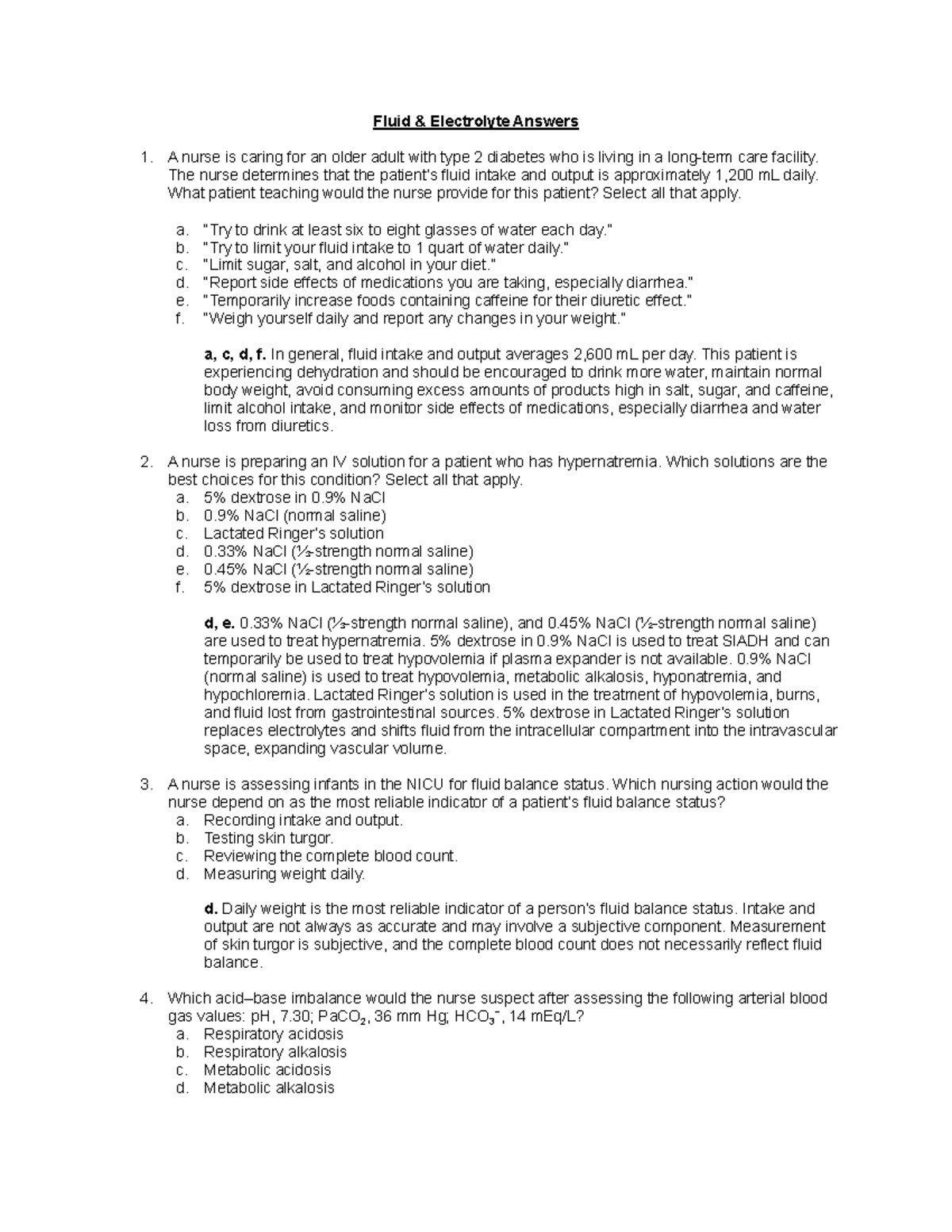 Fluid & Electrolyte Q&A: Key Nursing Concepts & Interventions - Studocu