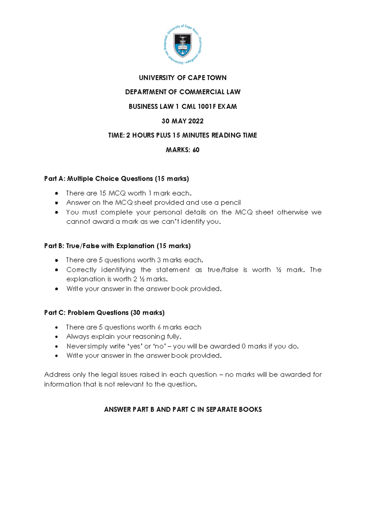 CML 1001F Business Law 1 Final Exam Guidelines and Questions - 30 May ...