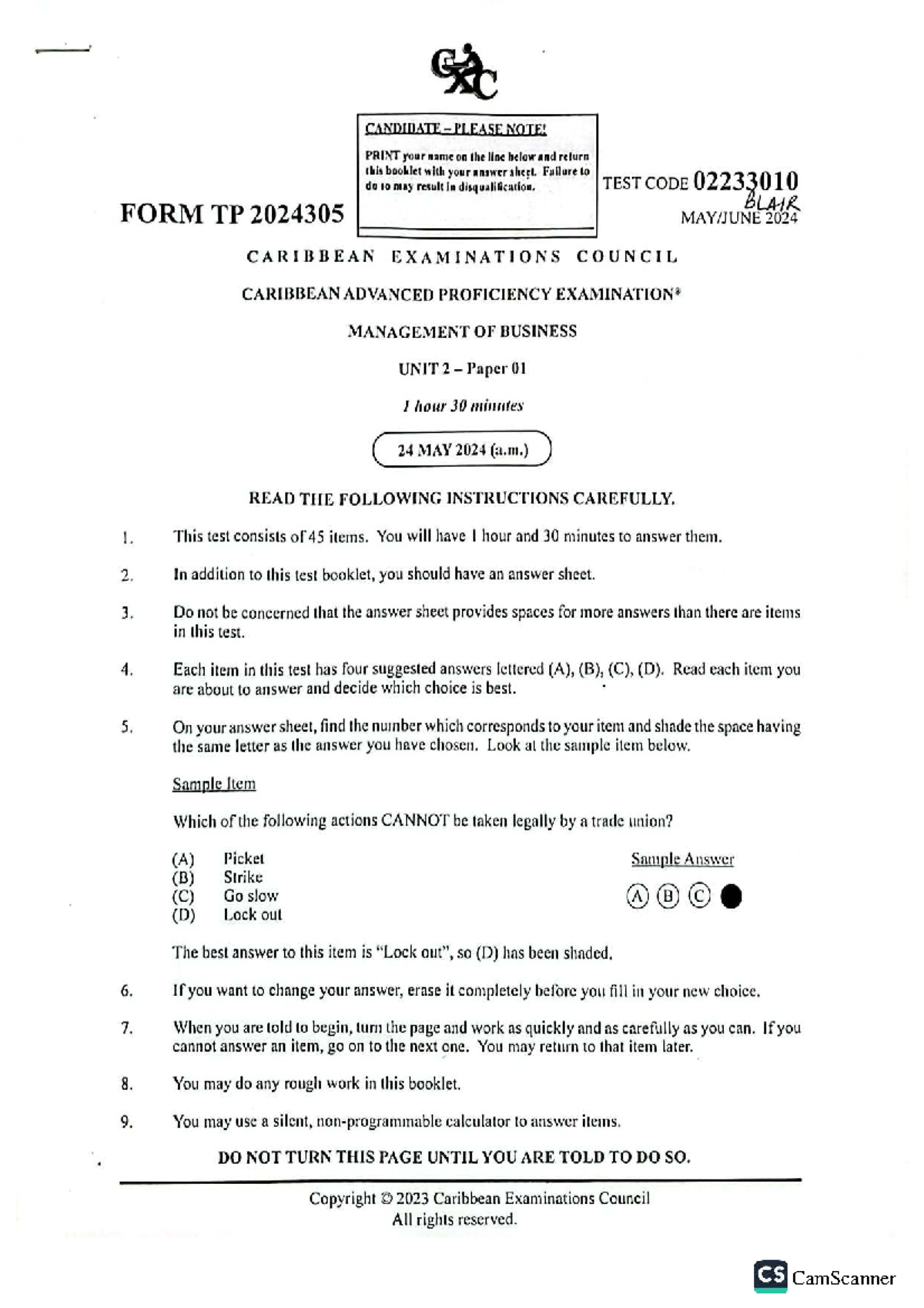 CAPE 2024 Management of Business Unit 2 Test Paper 01 Instructions and ...