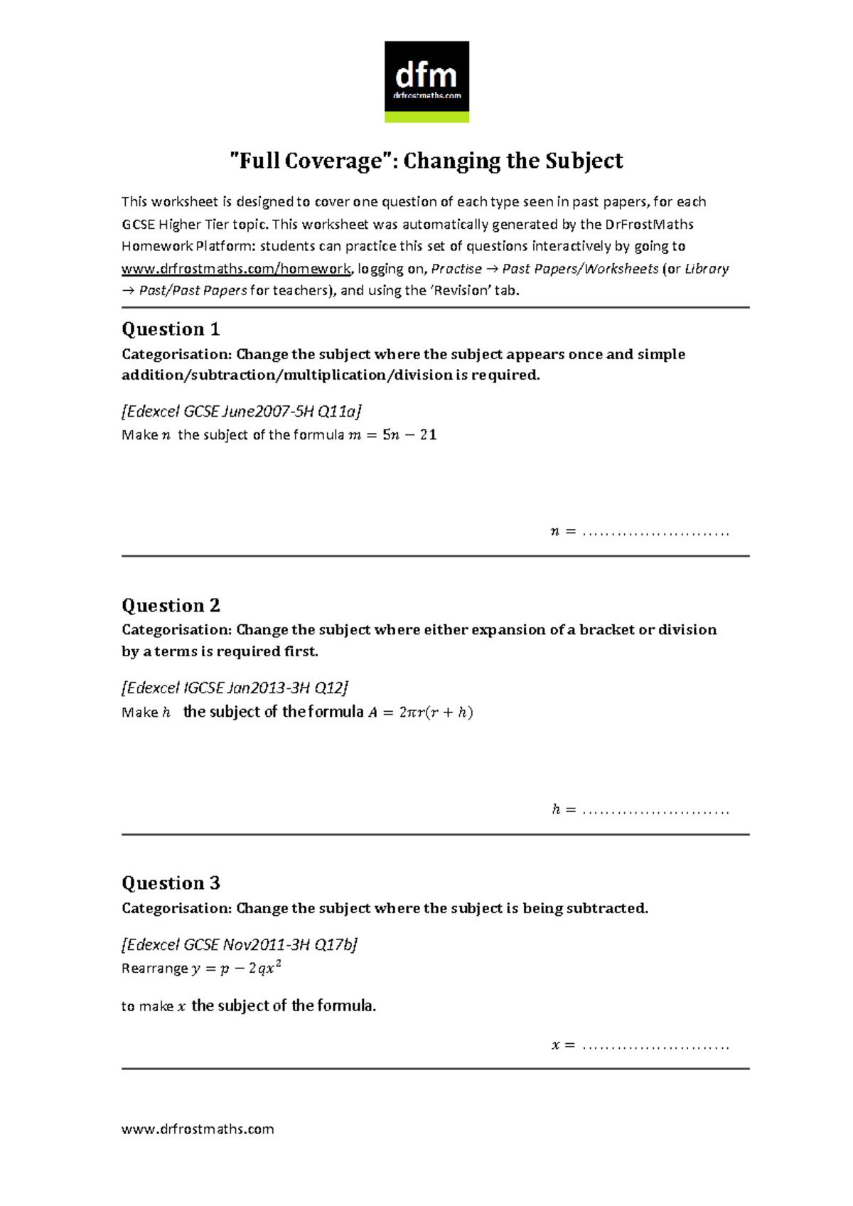 GCSE & IGCSE Changing the Subject: Practice Worksheet - Studocu