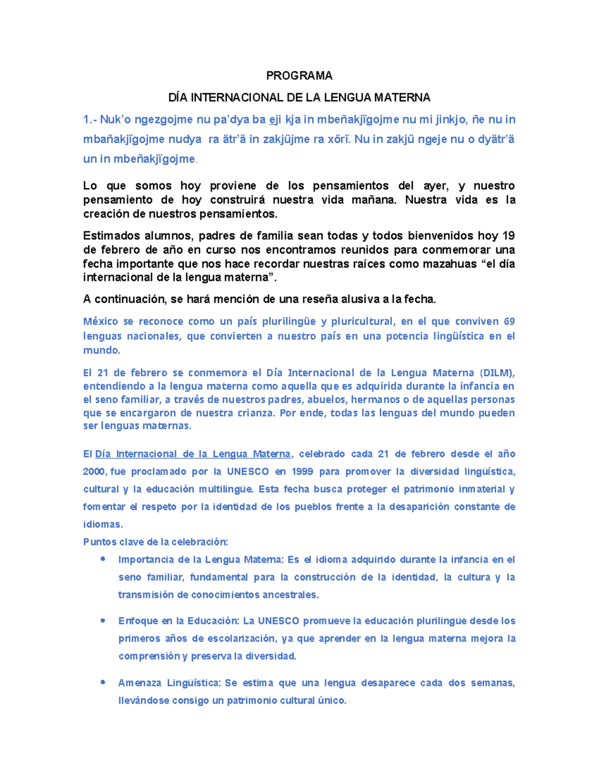 Programa del Día Internacional de la Lengua Materna 2026 - Studocu